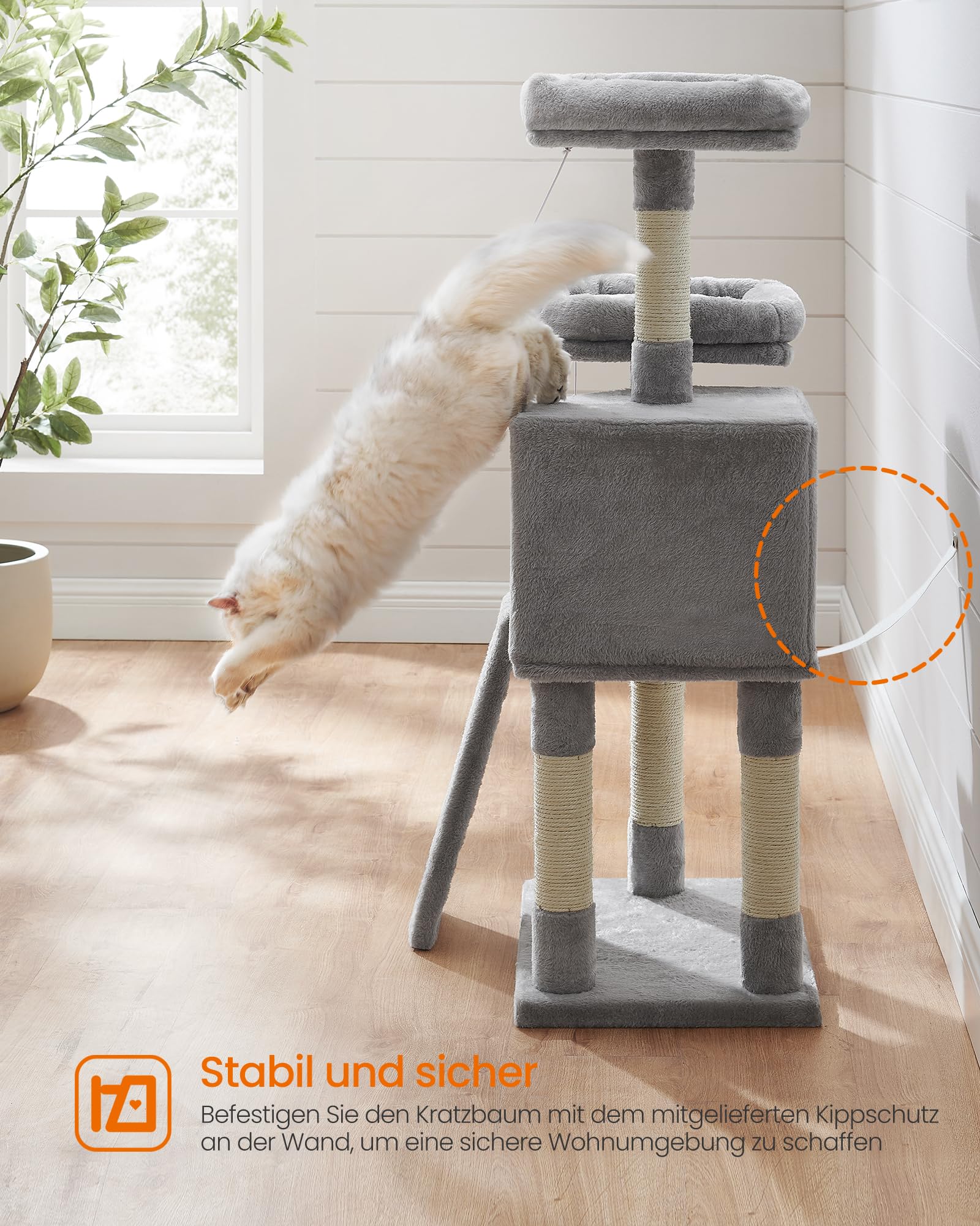 FEANDREA Kratzbaum klein, Katzenbaum mit Kratzbrett, Plattformen, für Katze, weicher Plüsch, 115 cm, vollständig mit Sisal umwickelte Säule, hellgrau PCT141W01