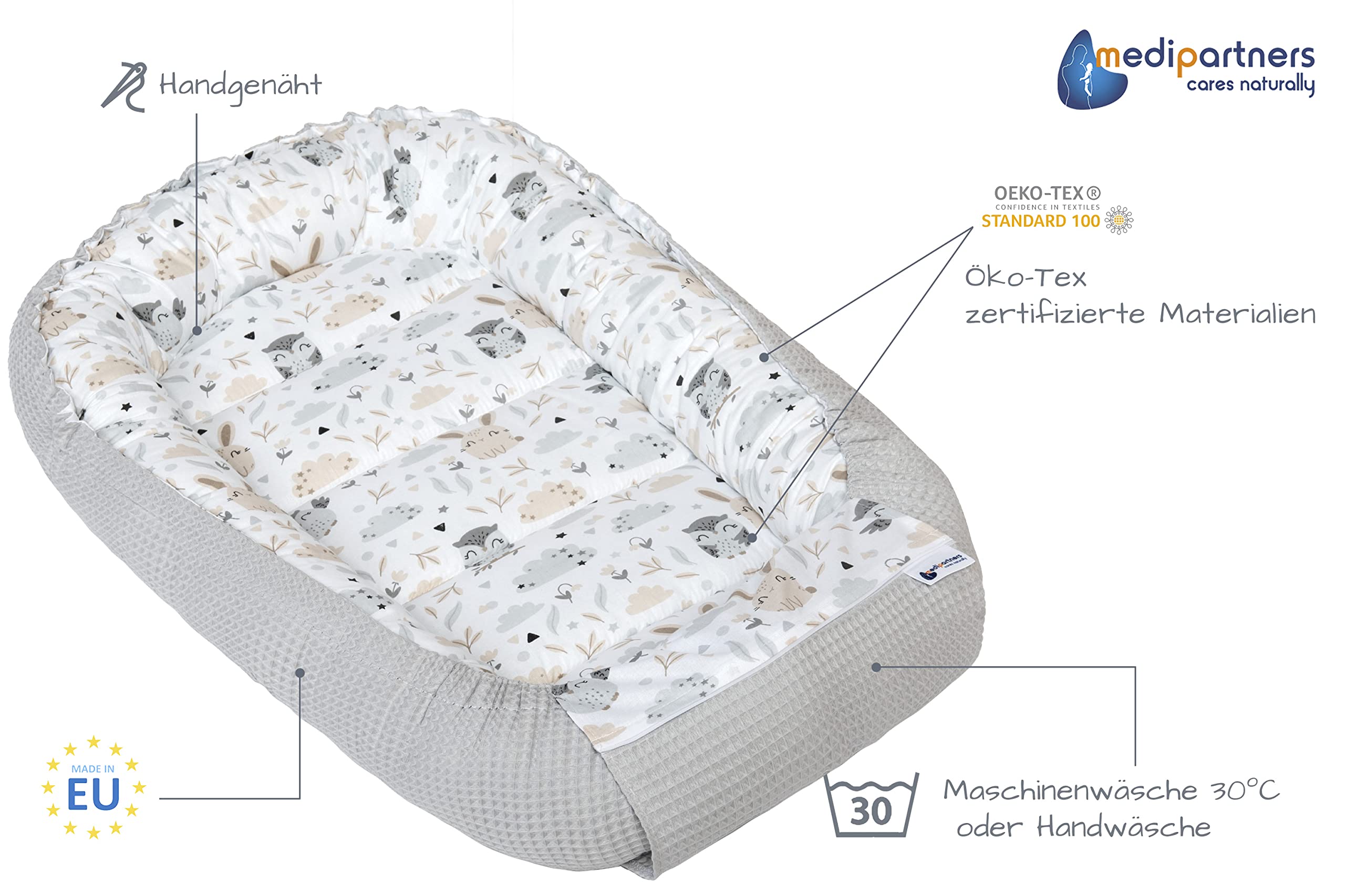 Medi Partners Babynest Nestchen für Neugeborene - 100x60x15 Babynestchen Baby zweiseitg Nest Bett 100% Baumwolle Waffel Kuschelnest tragbar (Lichtung mit Grauer Waffel) 1. Lichtung mit Grauer Waffel Single - 4