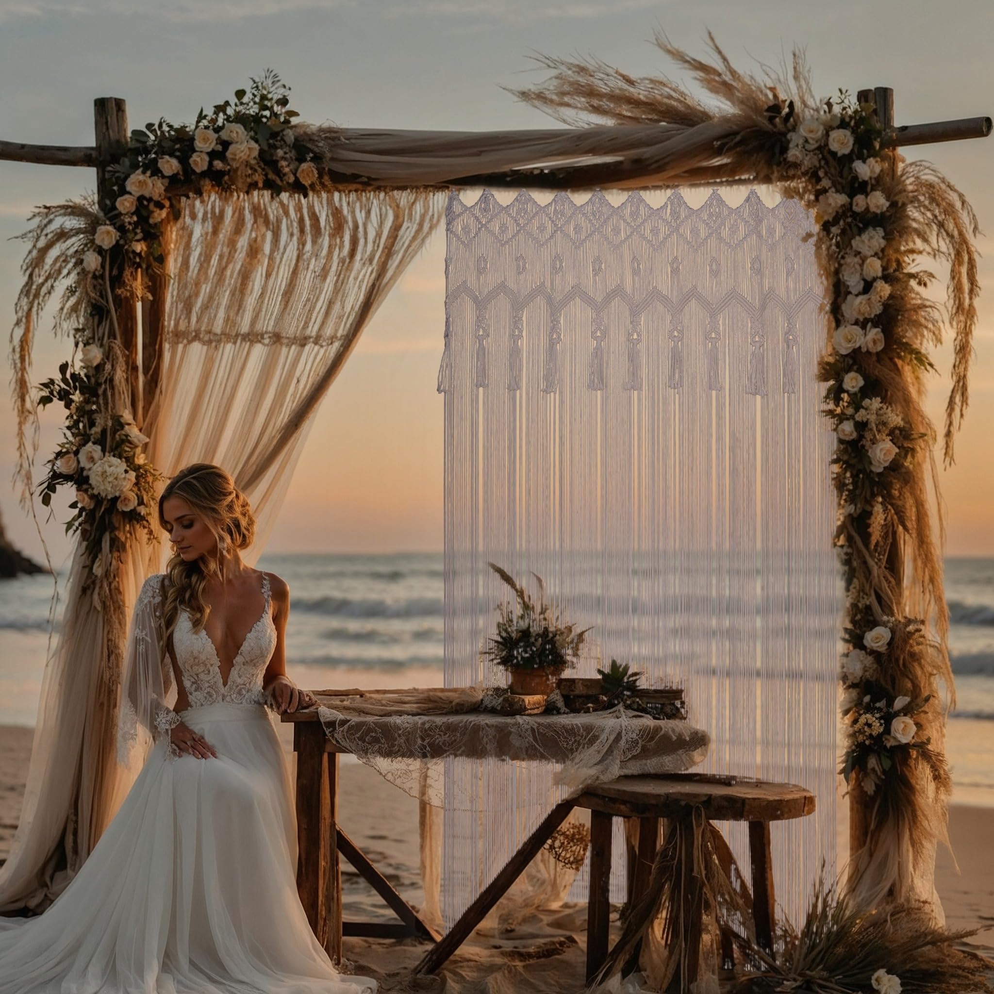 Cozyor Makramee Boho Vorhang Türvorhang Fenstervorhang 132x200cm als Raumteiler, Wandbehang & Deko weiß, für Traubogen, Hochzeit, Wohnzimmer, Schlafzimmer