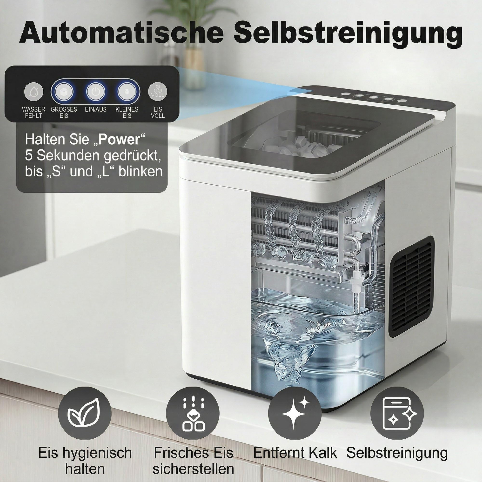 HOMCOM Eiswürfelmaschine Klein, 12 kg 24 Std., 9 Eiswürfel in 7-10 Minuten, 2 Größen von Bullet-Eiswürfeln, Ice Maker Selbstreinigend Eiswürfelbereiter mit Eisschaufel und Korb, für Küche, Büro, Party