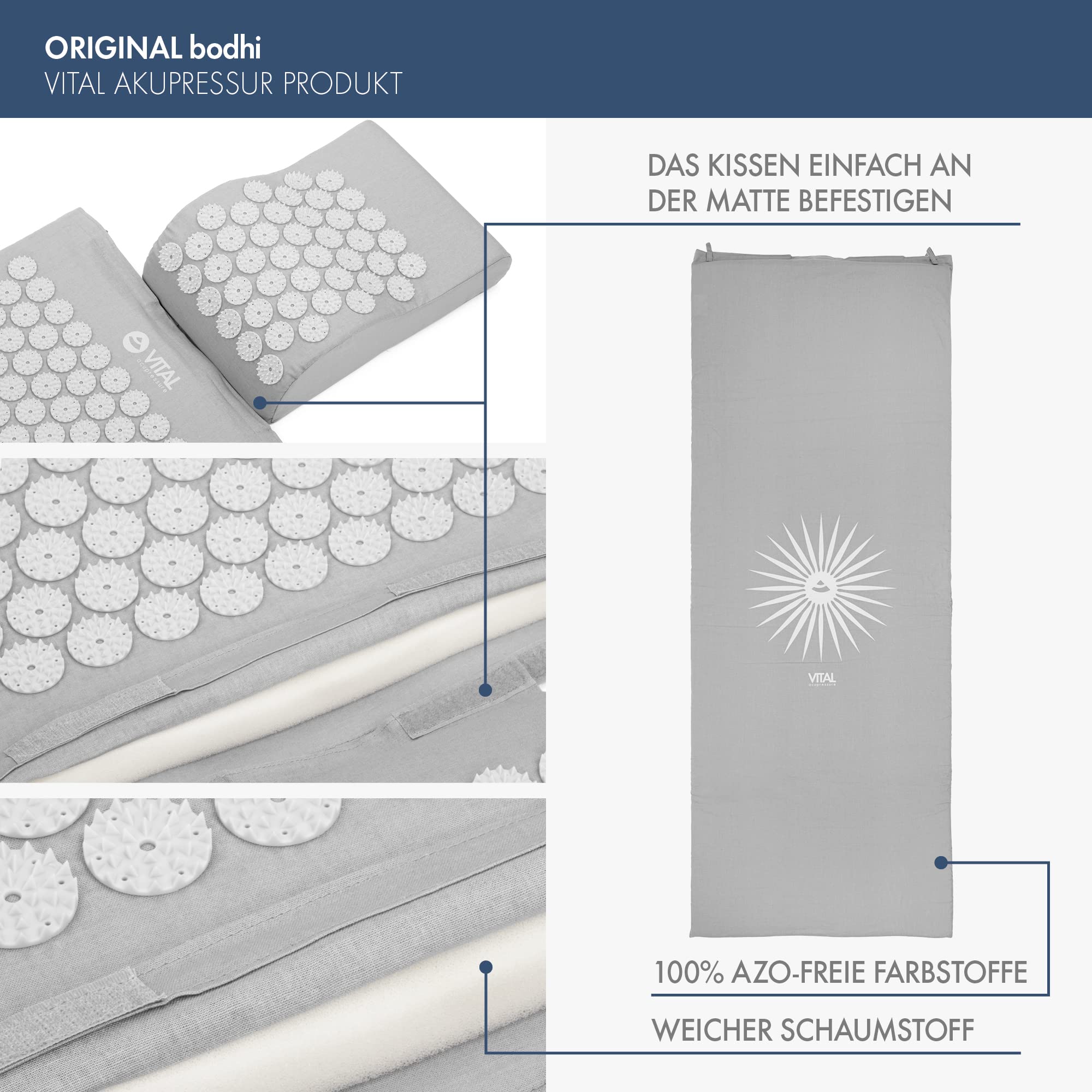 Bodhi VITAL Juego de alfombrillas de acupresión XL, esterilla de masaje y almohada, incluye funda, cojín para automasaje, esterilla de relajación contra el cuello y el dolor de espalda, para casa