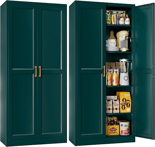 Miniatura 17 de Armario de almacenamiento de metal de 71 pulgadas de alto, armarios de almacenamiento de despensa de cocina con puertas y 4 estantes, armario de