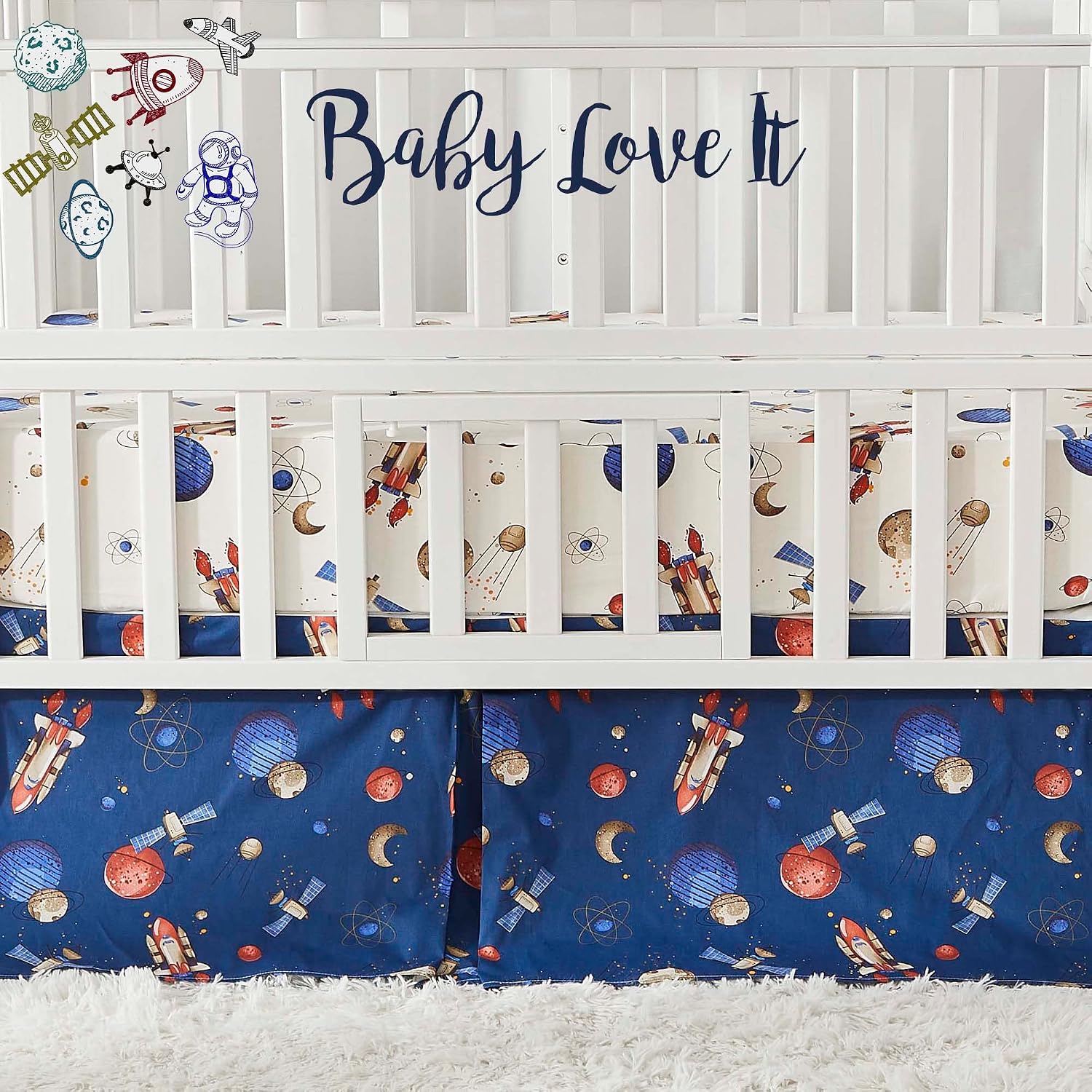 Brandream Space Ship Luxury Softer Thicker Crib Sheets Set, 100% Cotton Galaxy Space Rocket Galaxy Printed Toddler Sheets for Baby Boys Girls, Breathable Comfy Durable, 28"x52"