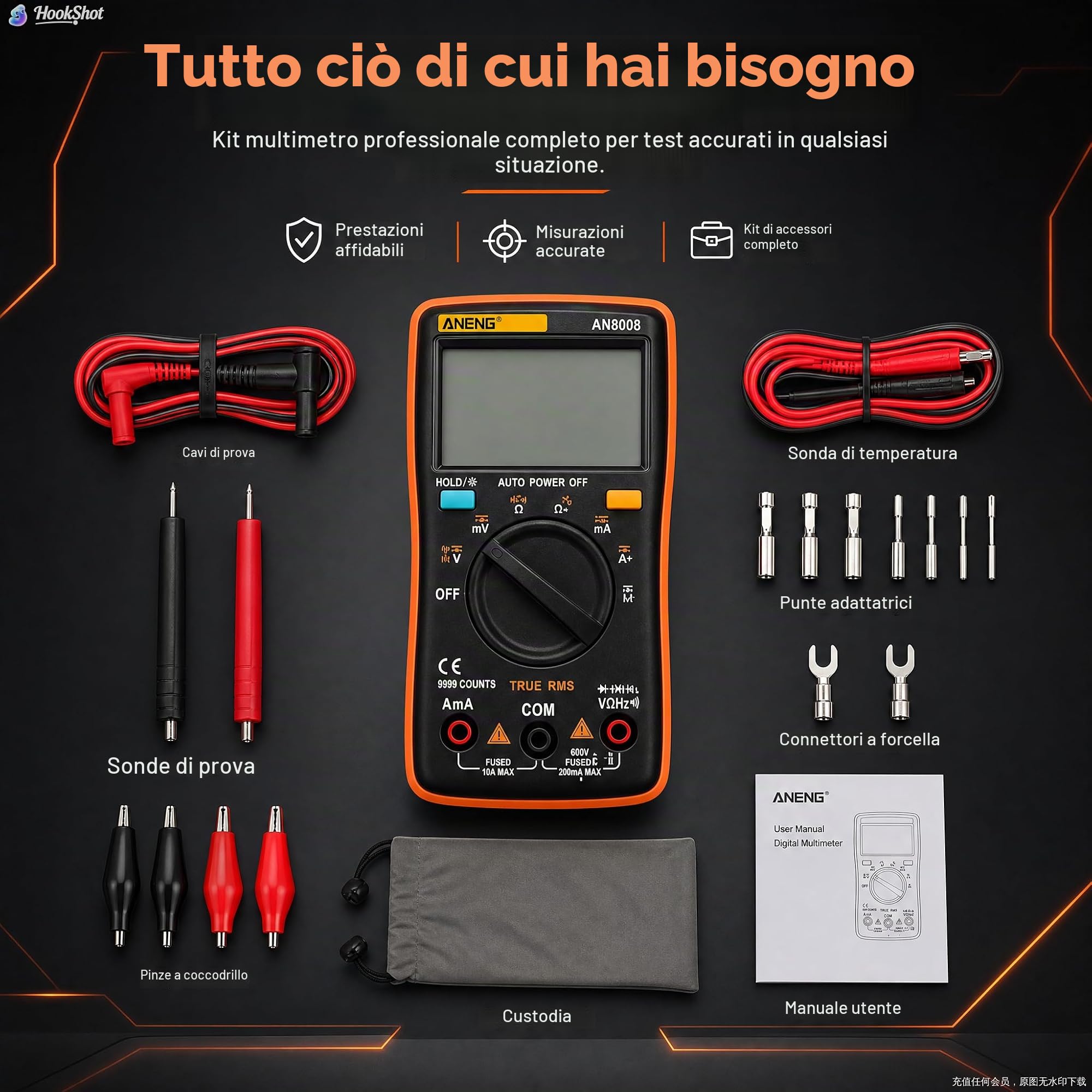 AN8008 Multimetro digitale True Tensione CA Tensione DC Amperometro Corrente Ohm metro Tester Diodi Transistor Temperatura Rosso