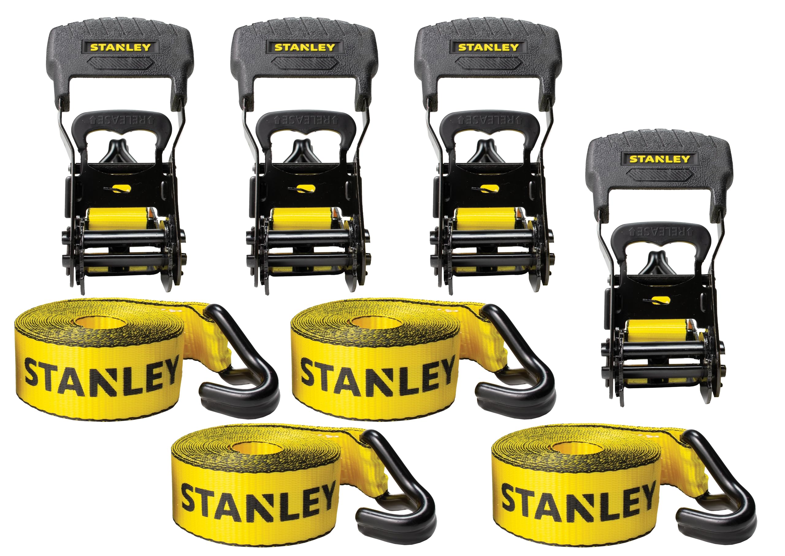 STANLEY S10074 Lot de 4 Sangles d'arrimage à cliquet 3,8 cm x 4,88 m - pour sécurisation de Charges Lourdes (résistance à la Rupture de 1 500 kg) – Noir/Jaune