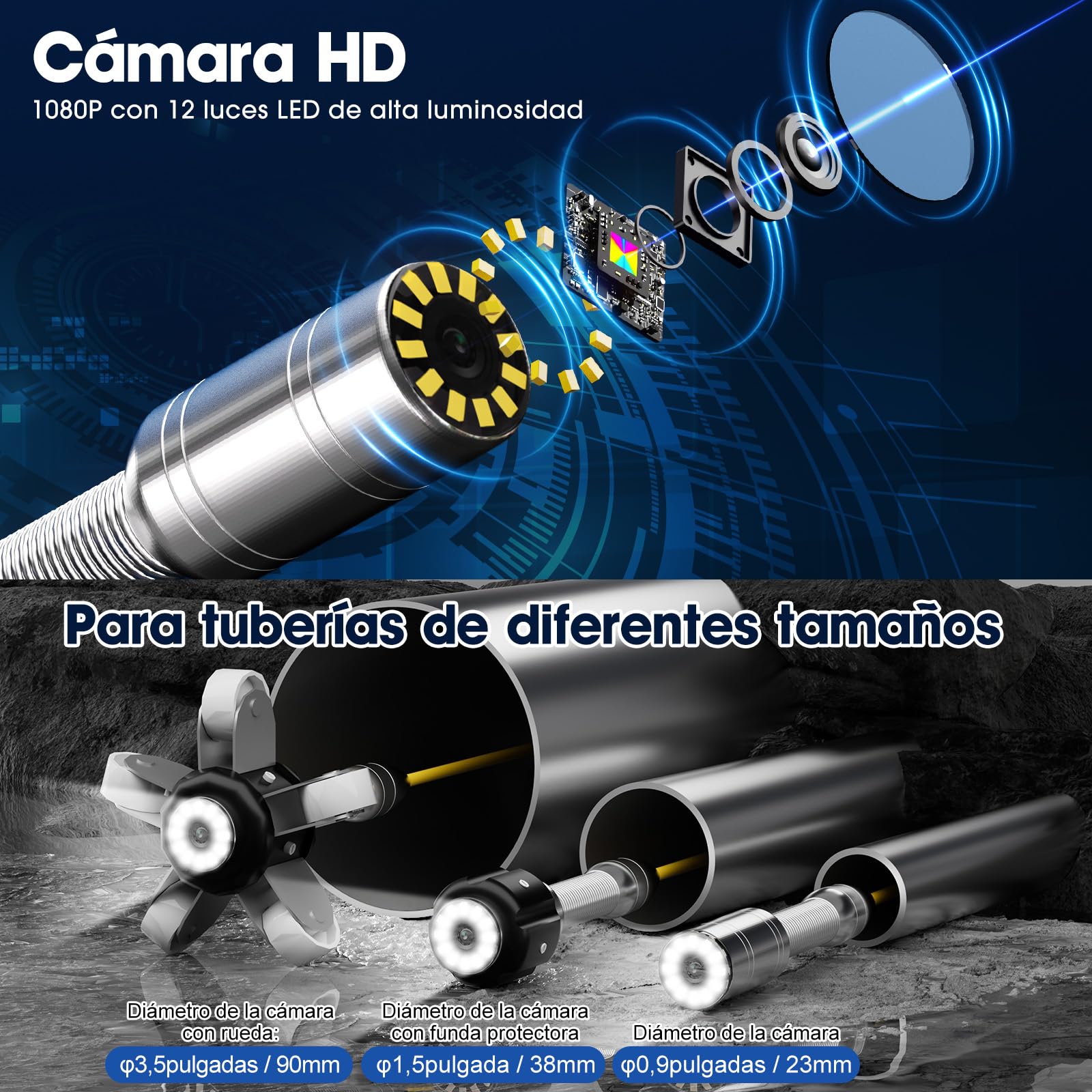 Cámara de Inspección de Tuberías 1080P HD, Pantalla 4.3 Pulgadas, Sonda 23mm IP68 Impermeable, Cable 50m, Tarjeta 32GB, Endoscopio Industrial para Desagüe, HVAC, Motores y Paredes