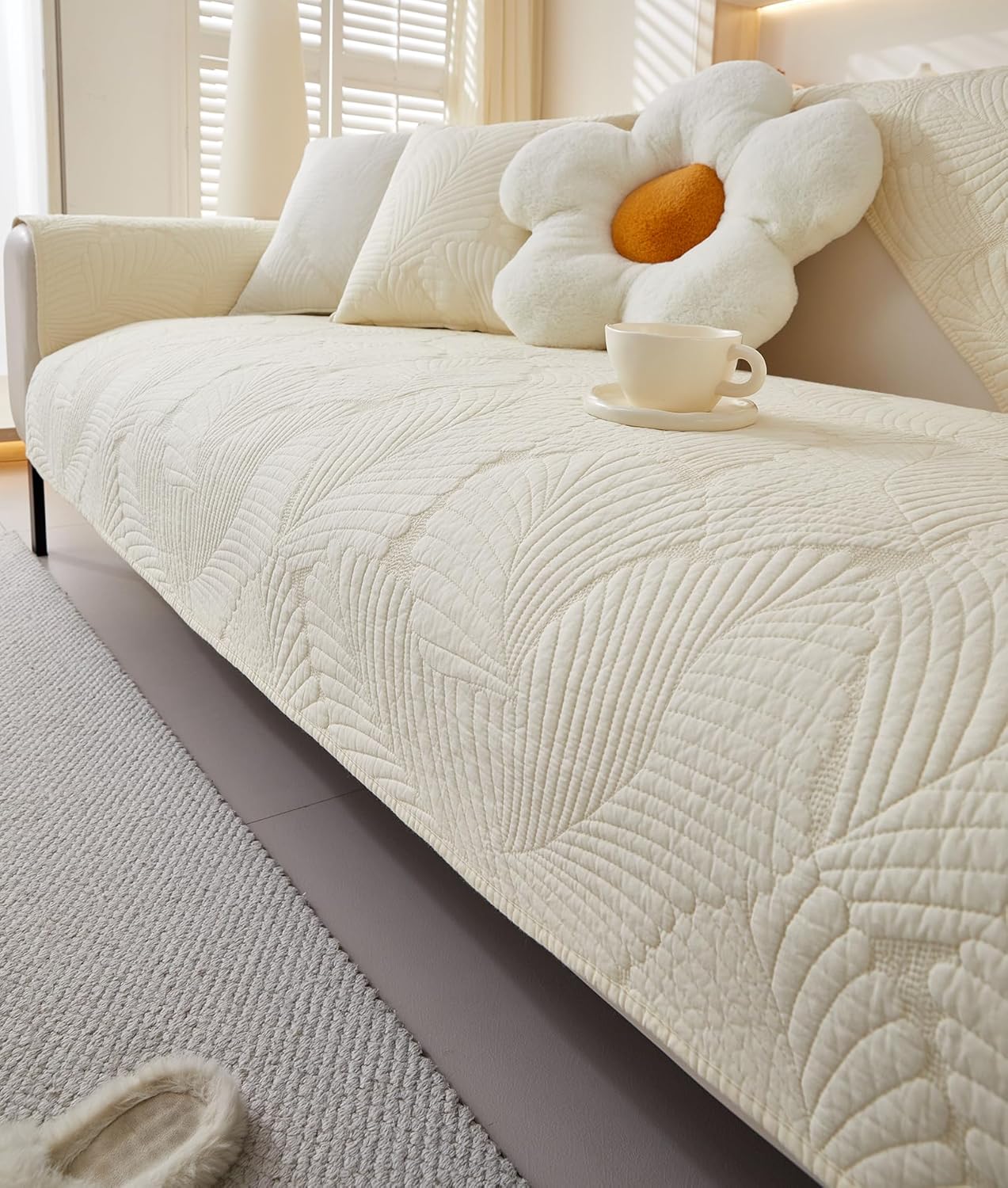 vctops Soft Cotton Quilted Couch Cover Neutral Leaf Embroidery Sofa Cover Anti Slip Sectional Couch Covers Washable Sofa Slipcover for Dogs, Children, Pets Furniture Protector (Cream,28"x82")