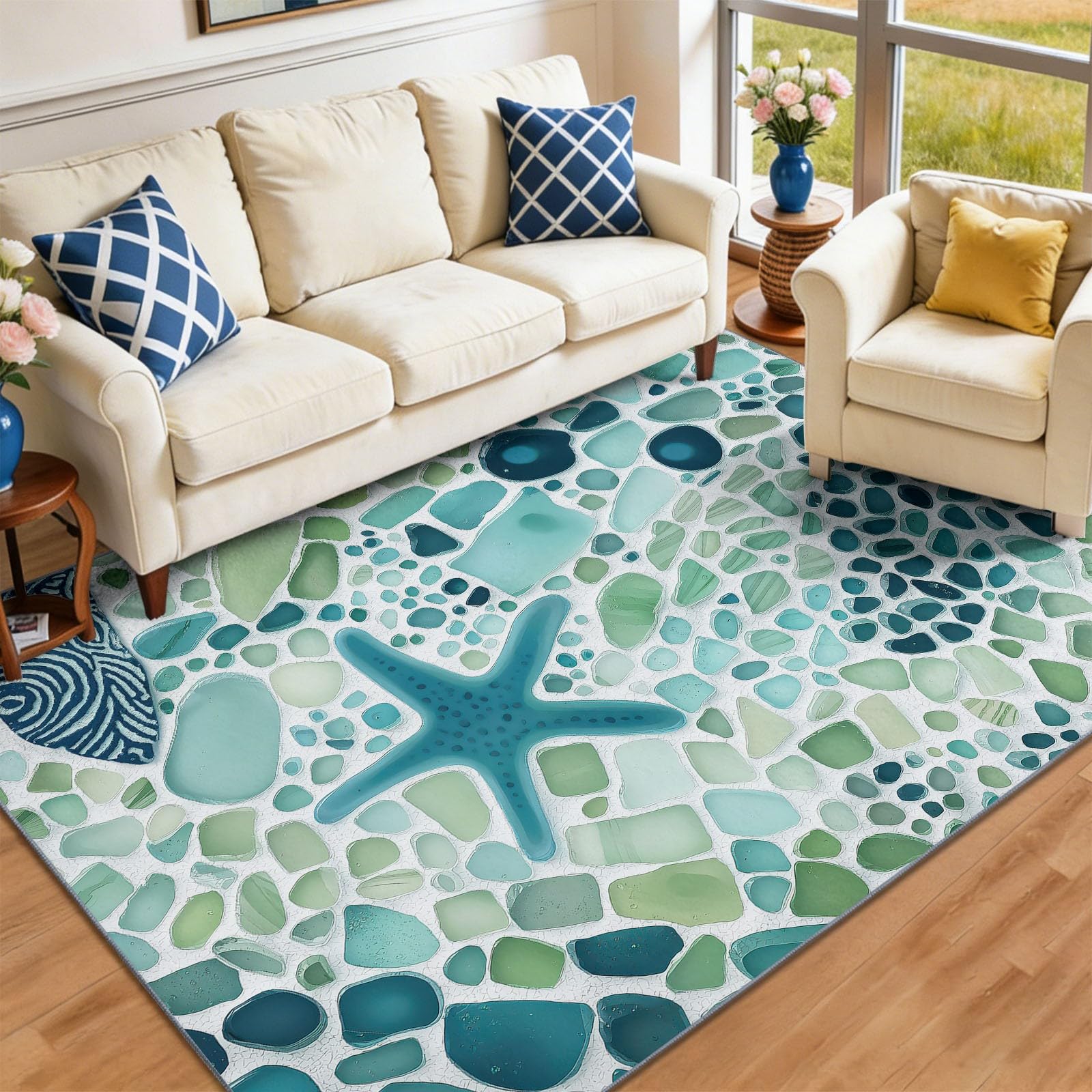 Tapis mosaïque bleu antidérapant pour sécuriser le sol du salon