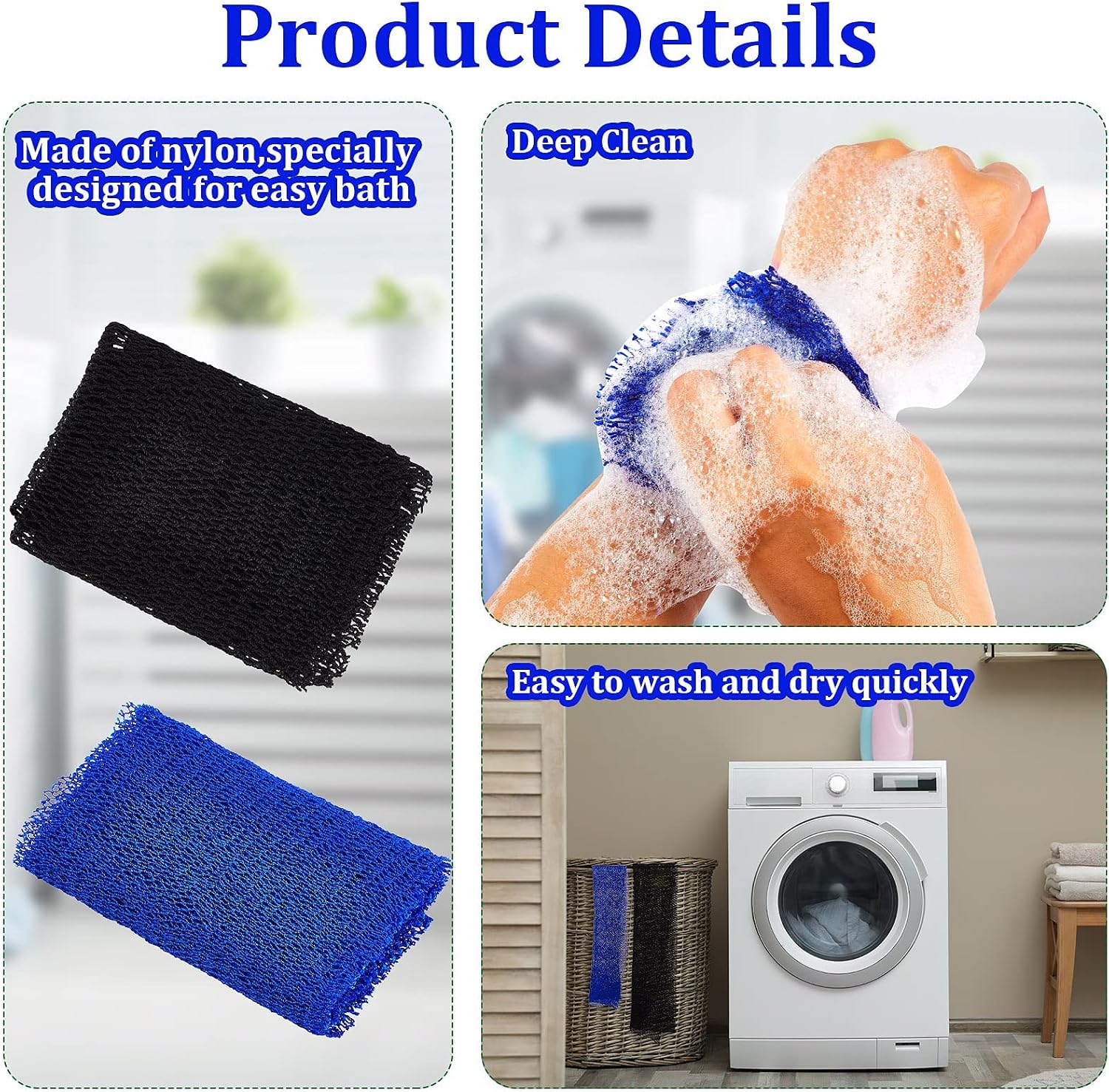 2 Pieces African Net Sponge Exfoliating Net African Body Scrubber Bath Rag Washcloth Towel Shower Body Back Scrubber Skin Smoother for Daily Use or Stocking Stuffer (Blue, Black)