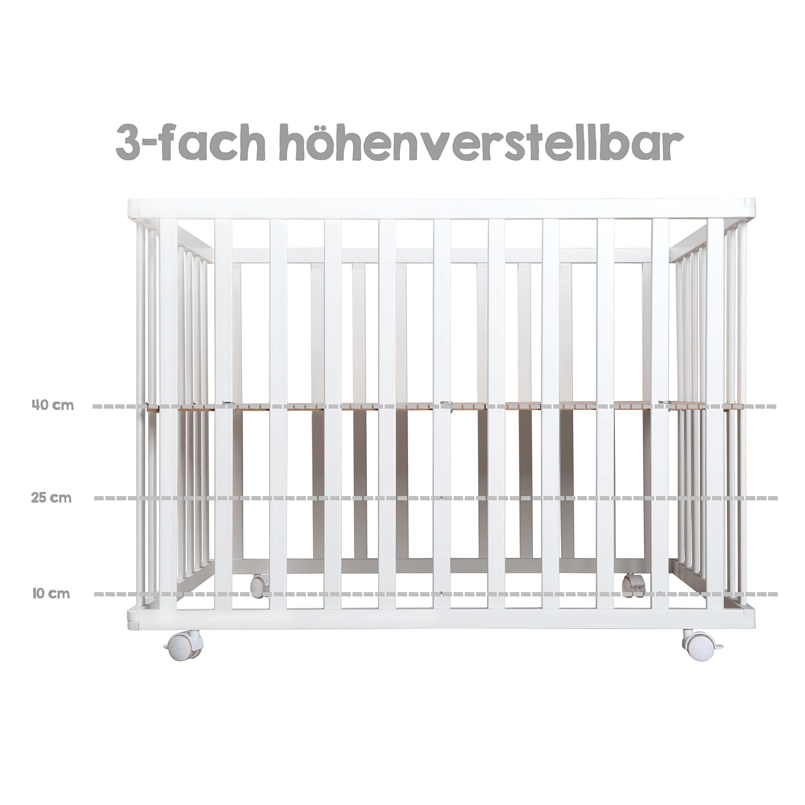 roba Parc Bébé en Bois 75 x 100 cm + Tapis de Parc roba Style Gris - Base Ajustable en Hauteur sur 3 Niveaux - Roulettes avec Freins - Laqué Blanc