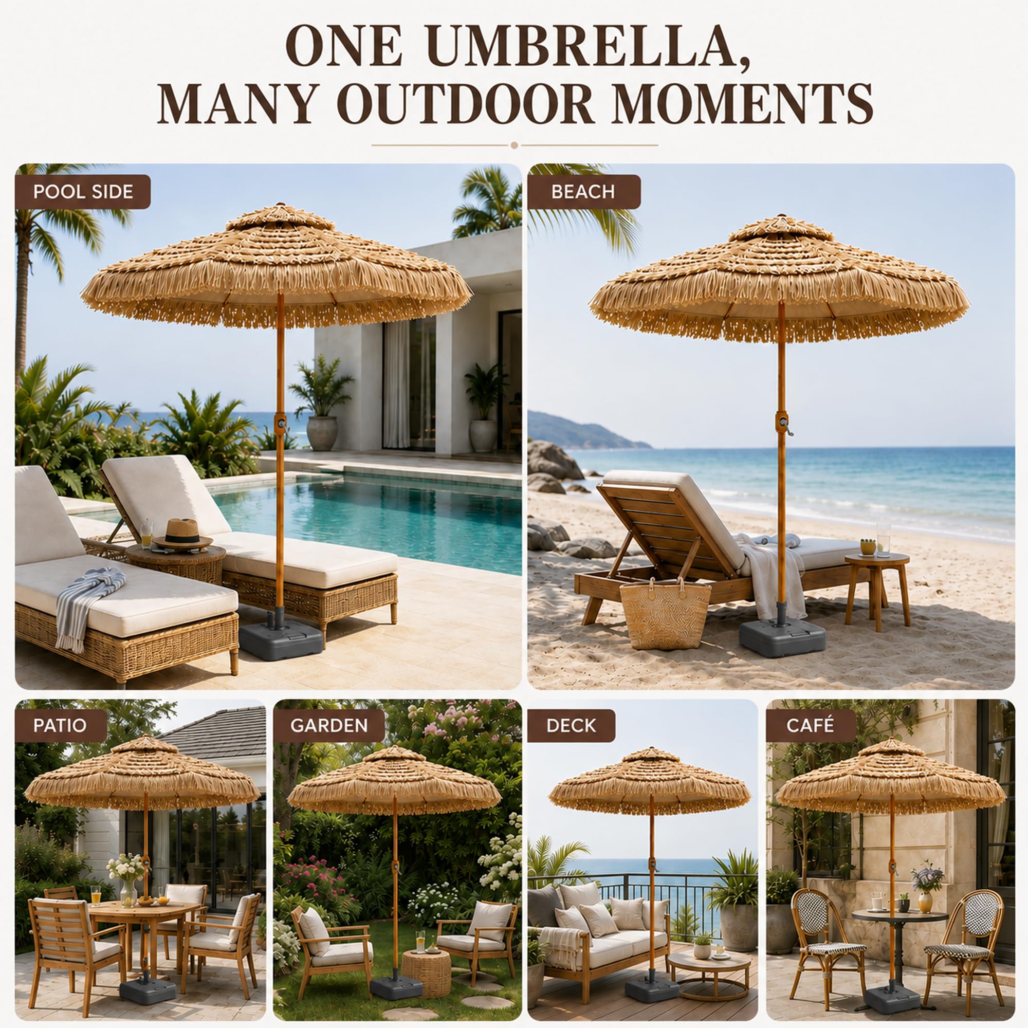 Parasol à Franges avec Pied, Grand Parasol de Plage Style Chaume