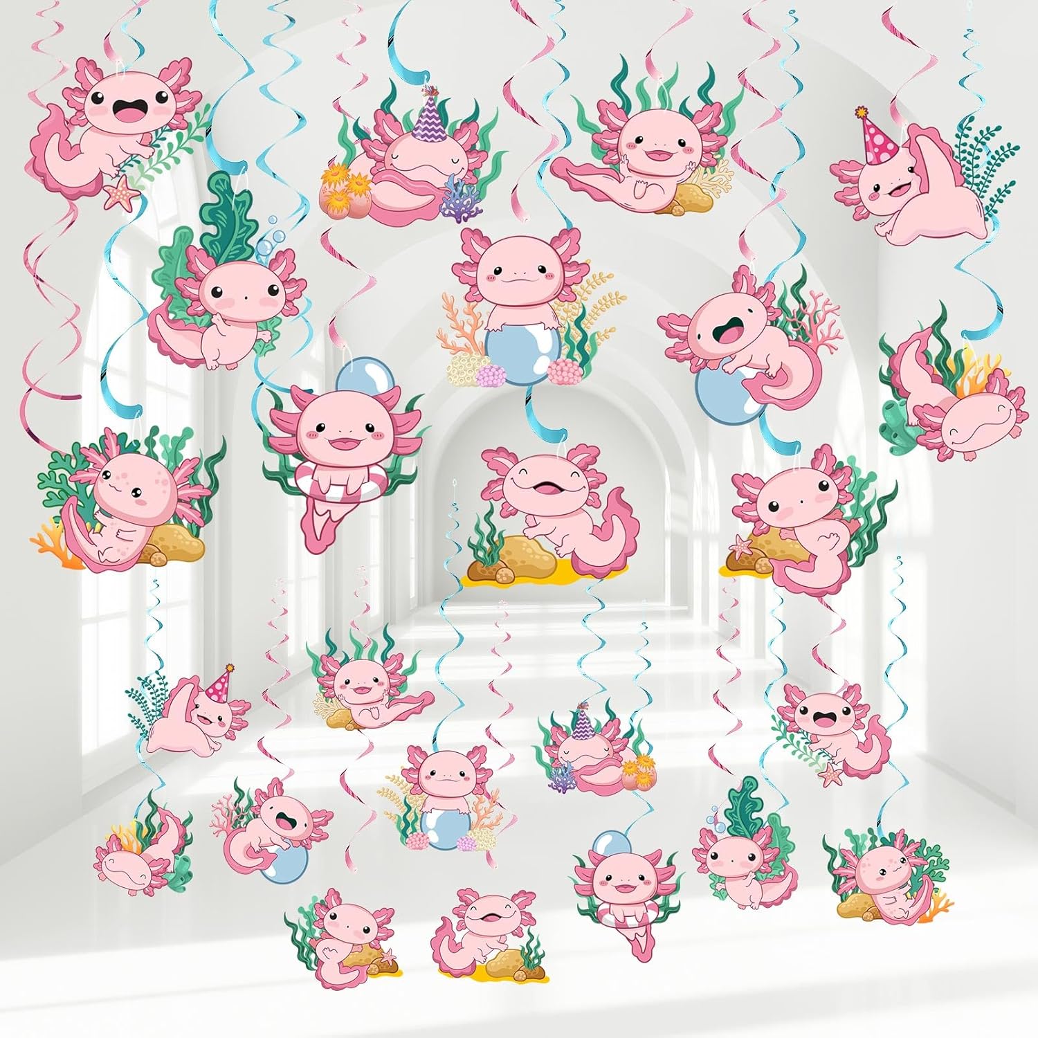 Clabby 54 Pcs Axolotl Party Decorations Axolotl Ceiling Hanging Swirls Reptile Animals Paper Cutouts Ceiling Banner Pink Cute Animals Decor for Kids Girls Birthday Baby Shower Party Supplies