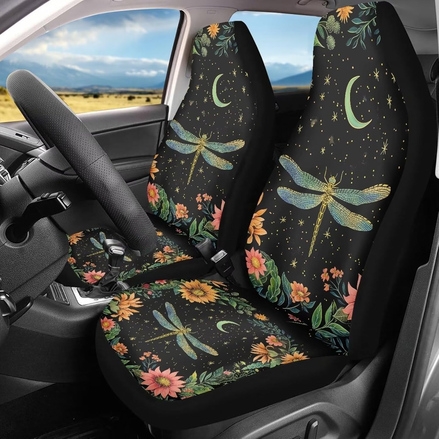 Dragonfly Floral Moon Pattern Car Front Seat Covers Breathable Seat Protector Cover for Summer Universal Fit Car Seat Cover Car Interior Accessories