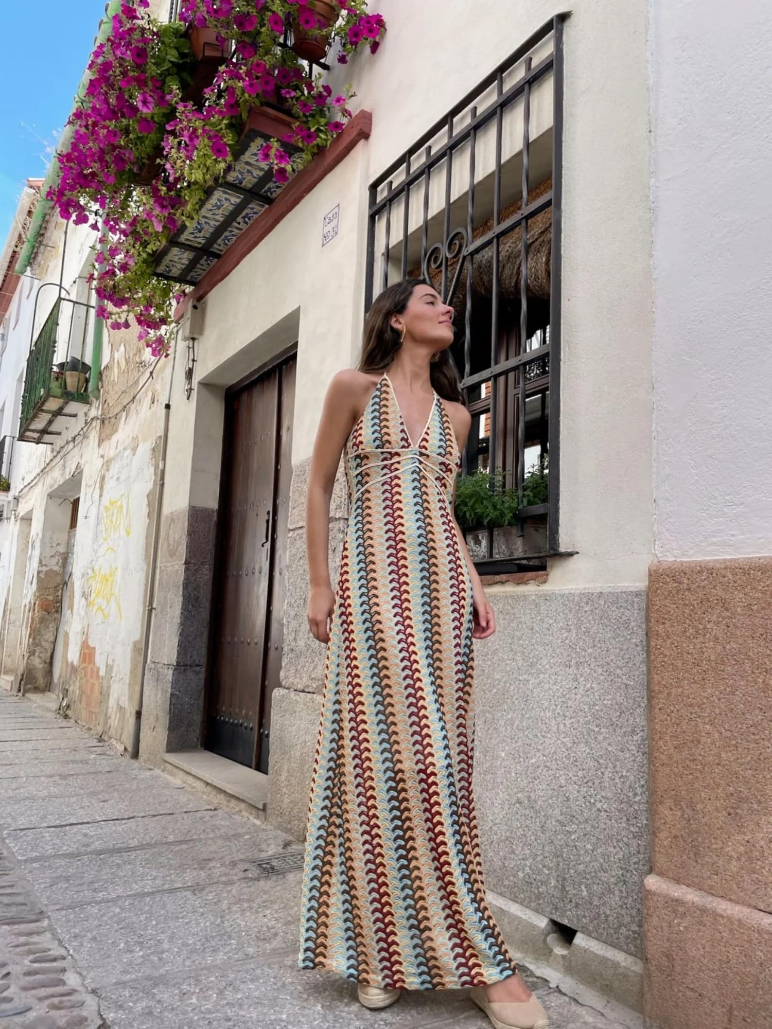 Breezy Lane Damska szydełkowana sukienka maxi seksowna bez pleców w paski bodycon wiązana na szyi dzianinowa letnia plaża wakacje okrycie
