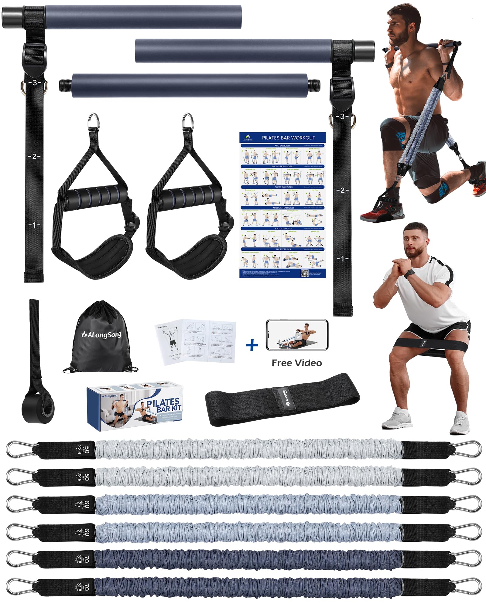 ALongSong Resistance Bands Set Men With Bar 6 Latex Exercise Bands 50/60/70LBS Handles Door/Anchor Pilates Equipment For Home Gym Workout Fitness