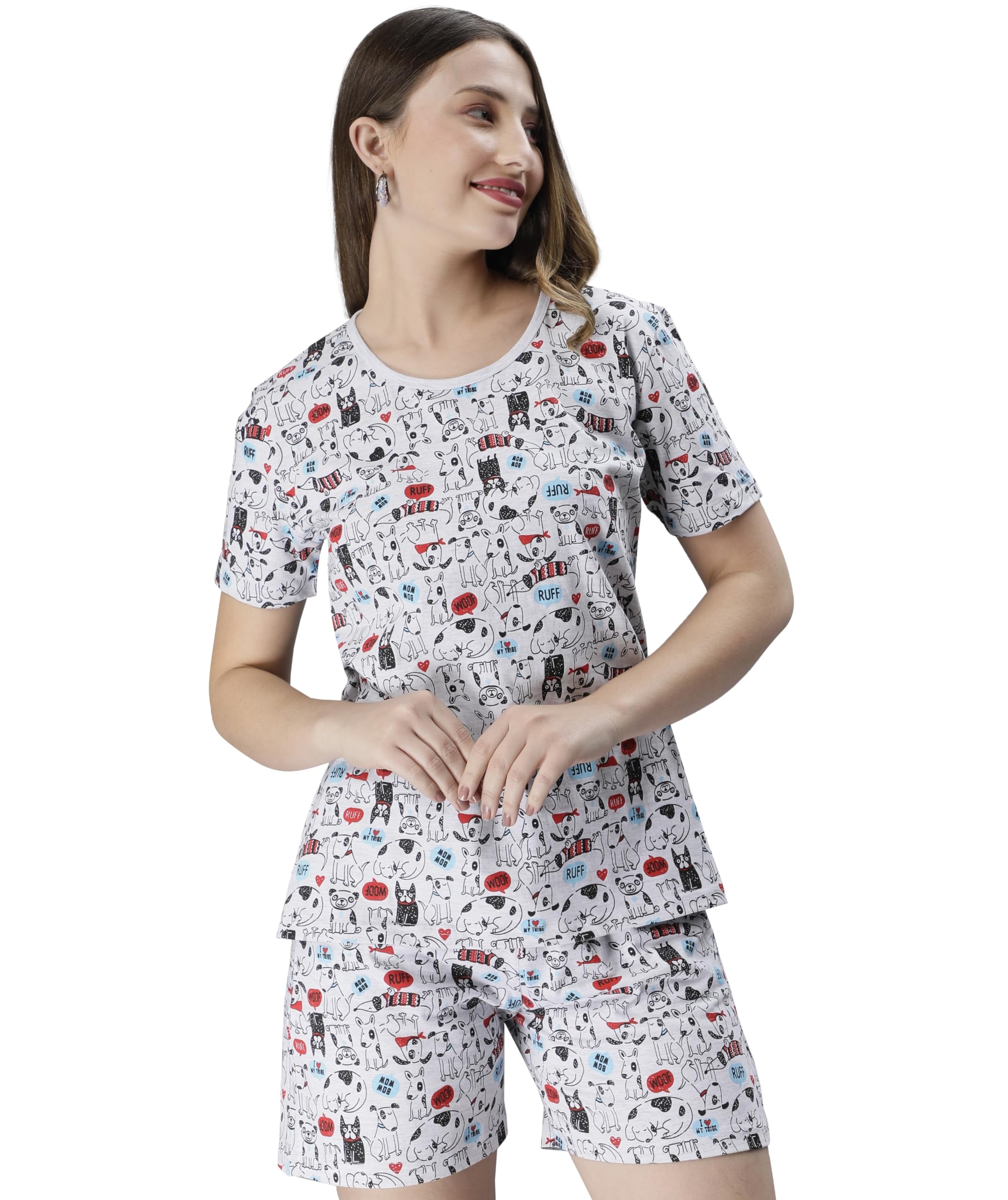 Club A9 Womens Printed Night Suit Co-Ord Set of Top & Shorts (SA_C-ORD_103(P),Melange)
