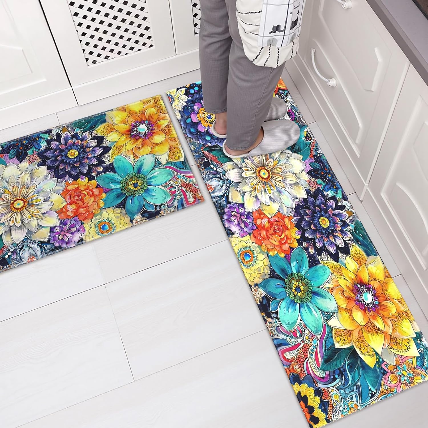 Boho Floral Kitchen Rugs Sets of 2 Non Slip Spring Summer Colorful Mandala Flowers Kitchen Mats for Floor with Rubber Backing Washable Kitchen Runner Rug Carpet 17"x47"+17"x30" for Hallway Laundry