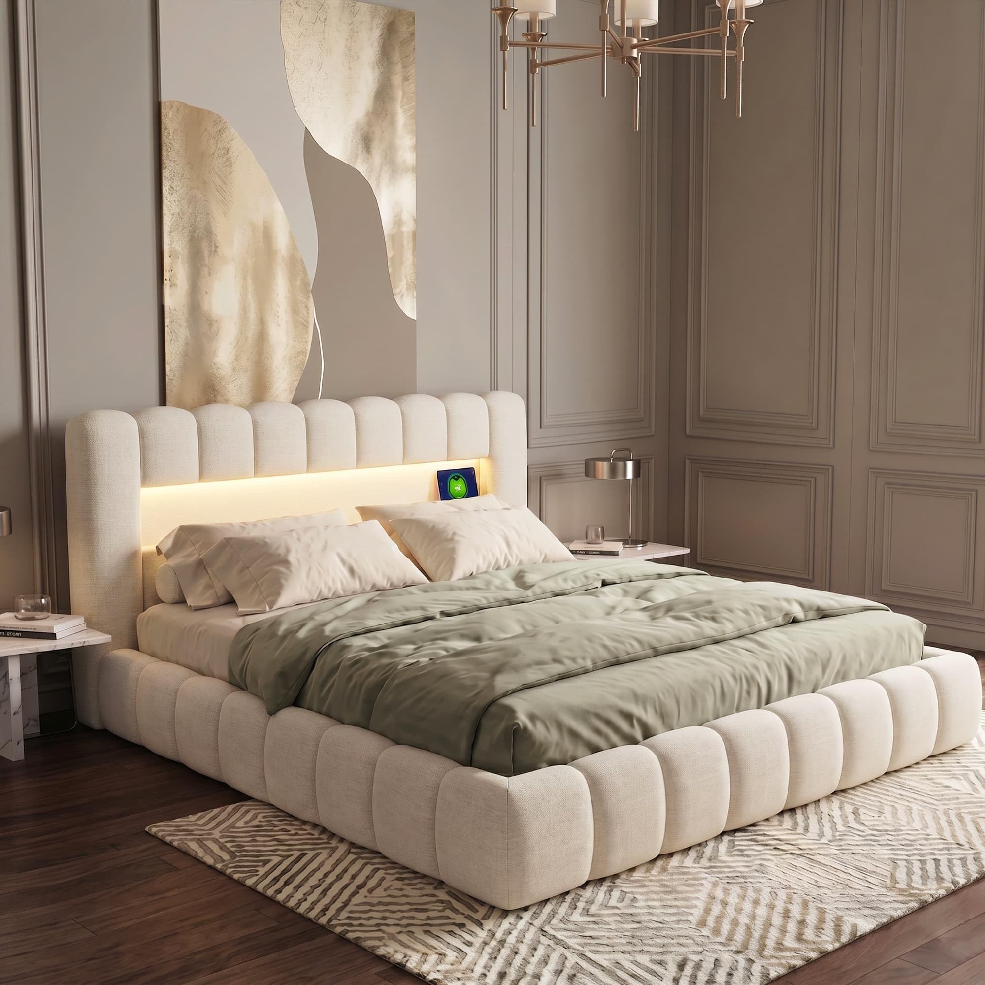 Letto matrimoniale imbottito, a bolle 180 x 200 cm, con contenitore letto