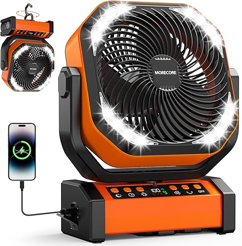 MORECORE Ventilador de camping recargable de 20000 mAh con luz, funcionamiento de 112 horas, 8 velocidades, oscilación automática, temporizador,