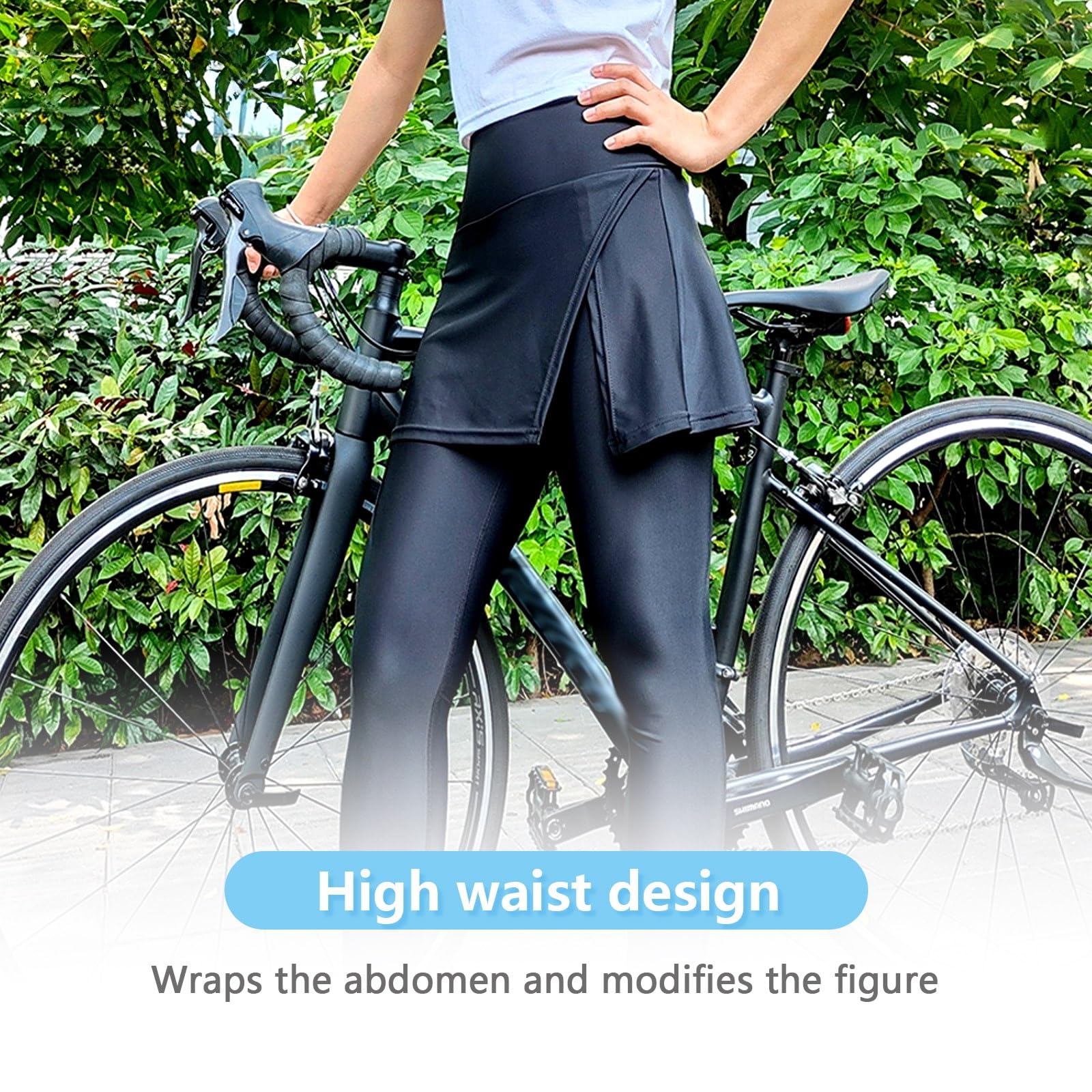 Radlerhose Damen mit Rock Lang Fahrradrock Leggings Atmungsaktiv High Waist Schnelltrocknend Radhose mit Verdeckter Tasche und 4D Sitzpolster für Stadtradeln(L)