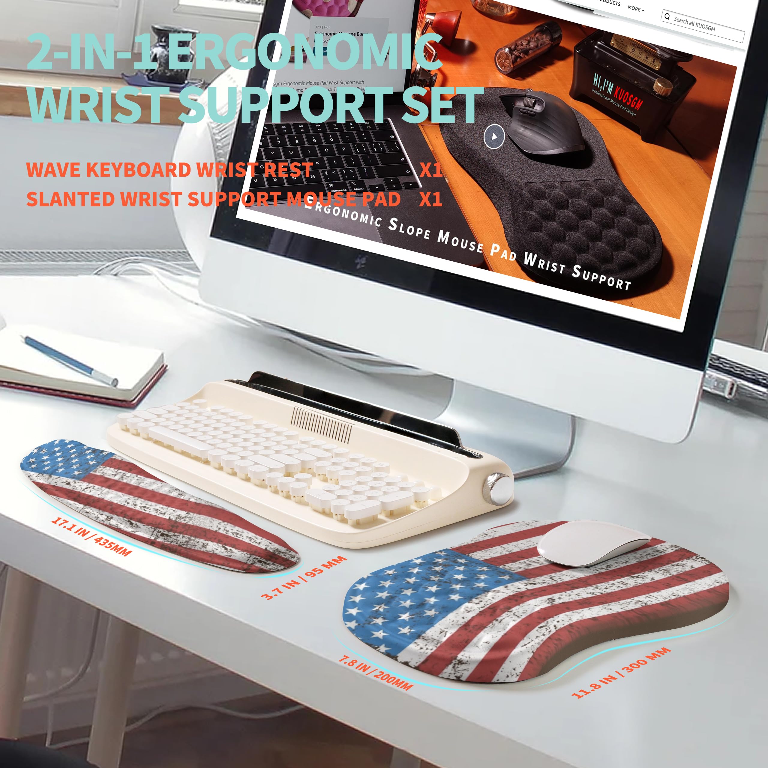 Set ergonomico 2 in 1, poggiapolsi per tastiera Wave Rise e tappetino per mouse con supporto per il polso, cuscino in memory foam integrato per alleviare il dolore al polso, bandiera americana