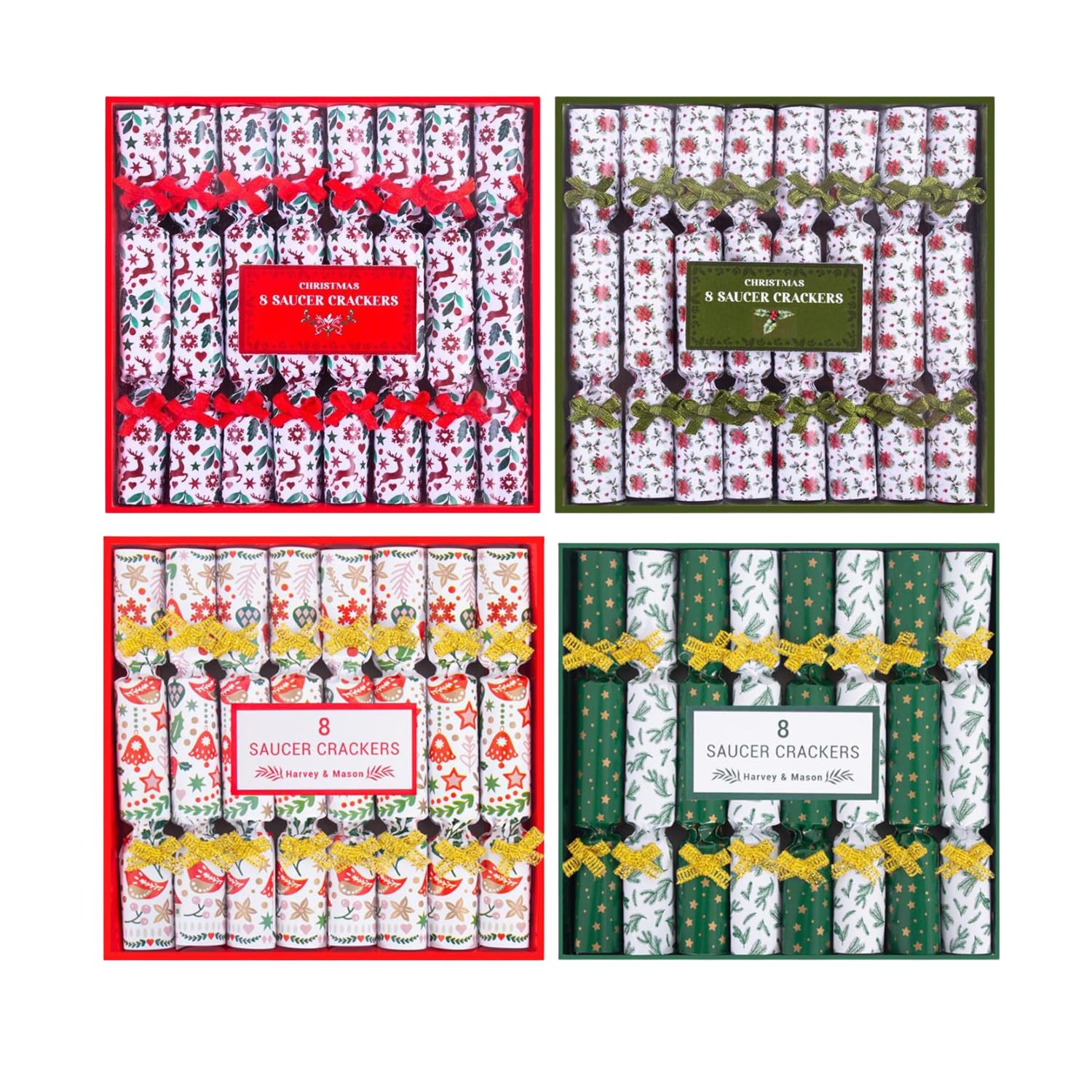Yöl Pack Of 36 Pack Of 32 Mini Saucer Christmas Crackers Afternoon Tea Breakfast Xmas Table Decor Holly Green Gold Red Reindeers