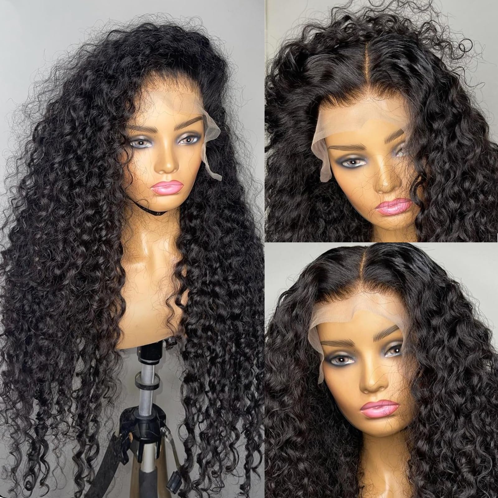 Photo 1 of HILYN Black Curly Glueless Lace Front Wig 13x4 Long Deep Wave Lace Wigs With Baby Hair Pre Plucked 250 Density Jet Black Synthetic HD Lace frontal Loose Wave Wigs For Women Water Wave Wig 26 inches