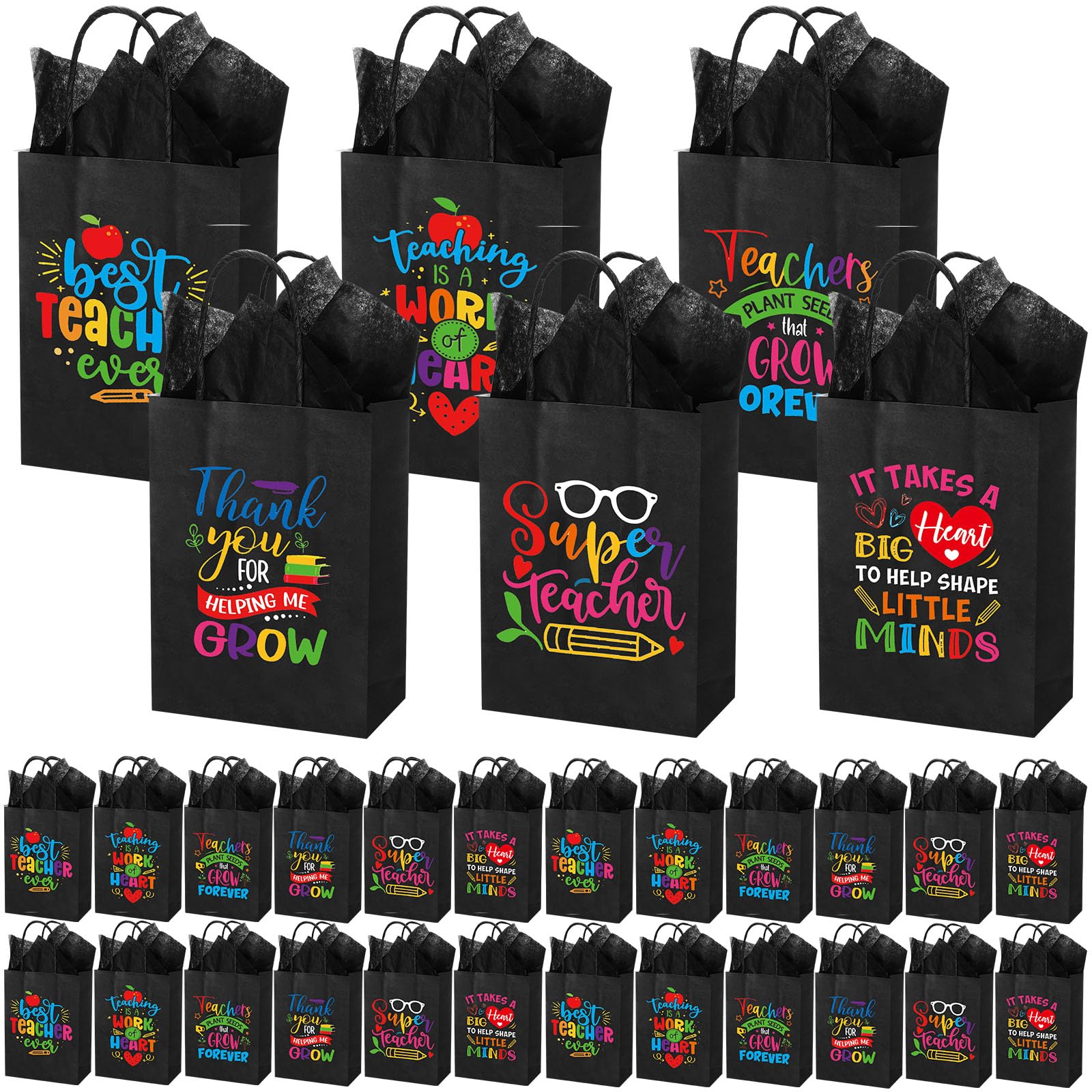 Skyygemm 60 Pack Teacher Appreciation Gift Bags with Tissue Paper Thank You Teacher Paper Gift Bags with Handle for Classroom School End of Year Christmas Party Favors(Black Color)