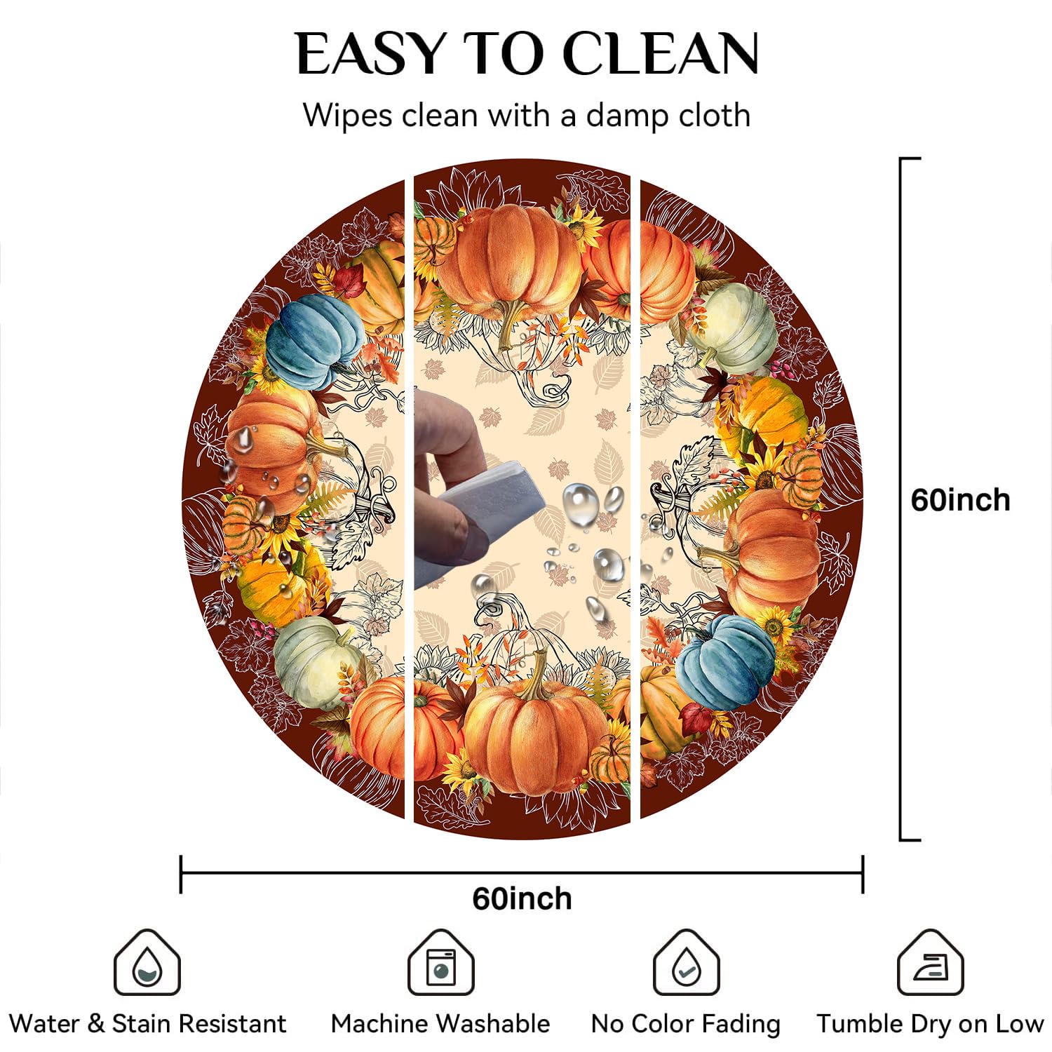 Fall Pumpkin Round Tablecloth - 60 Inch Diameter Waterproof & Heat Resistant - Mint Green With Peach Pumpkins