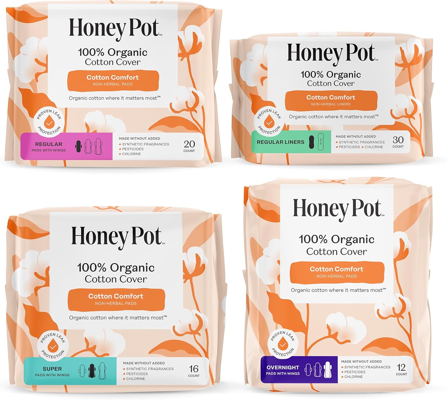 The Honey Pot Company - Pads for Women - Non-Herbal Essentials Bundle - Organic Cotton Cover & Ultra-Absorbent Pulp Core - Sanitary Pads for Women - Feminine Care