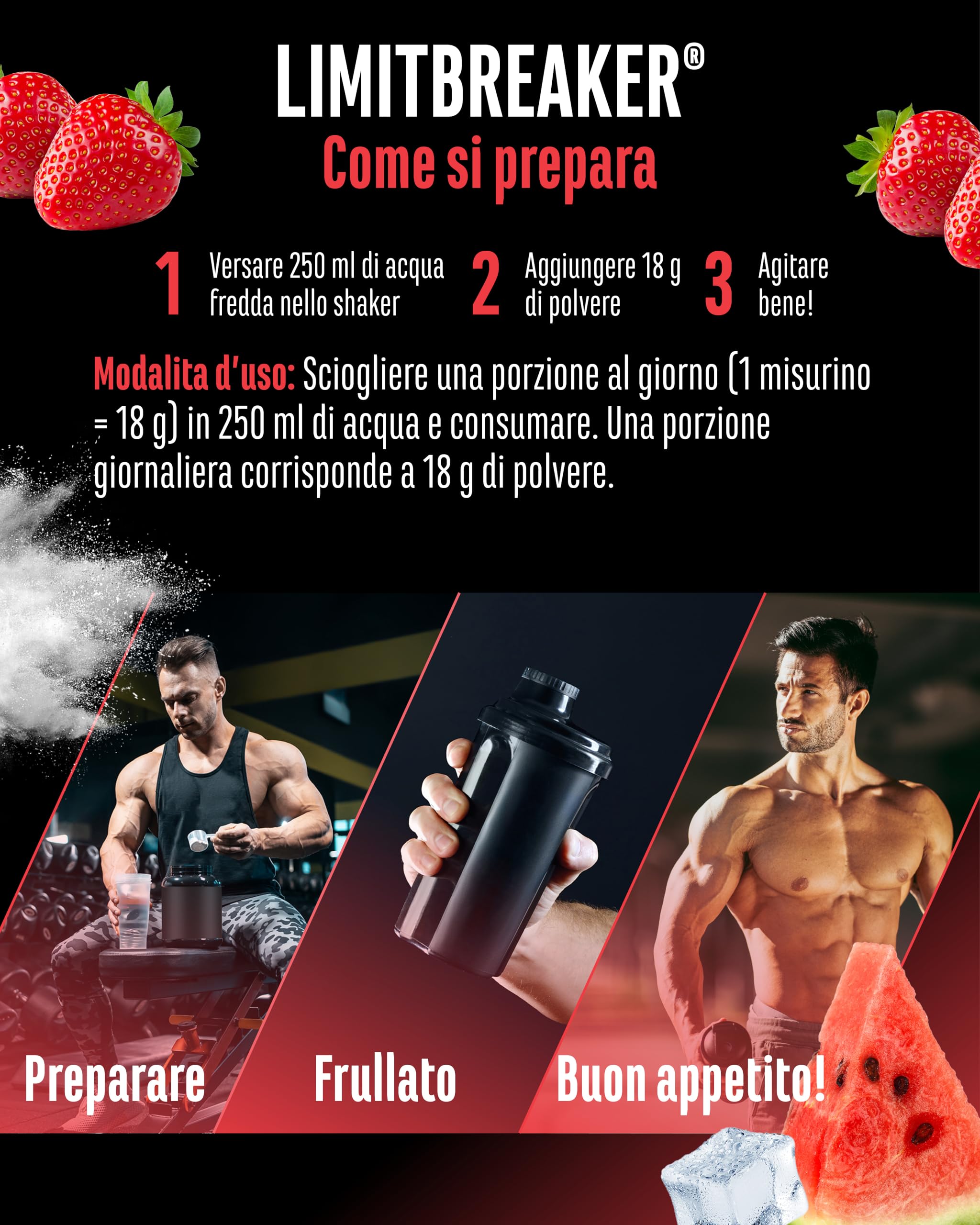 LIMITBREAKER® Pre Workout Booster con 300 mg di Caffeina - Gusto Fragola Anguria - con L Citrullina, AAKG, Beta Alanina e L Teanina - Alto Dosaggio - 360 g di Polvere 20 Porzioni - Vegano