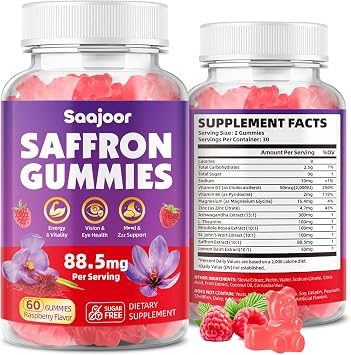 Saffron Gummies for Adult Kids - with Saffron 88.5mg, Vitamins D3 & B6, Magnesium, Zinc, Ashwagandha, L - Theanine, St. Johns Wort - Supports Mood & Focus, Vegan, Raspberry Flavor, 60 Gummies