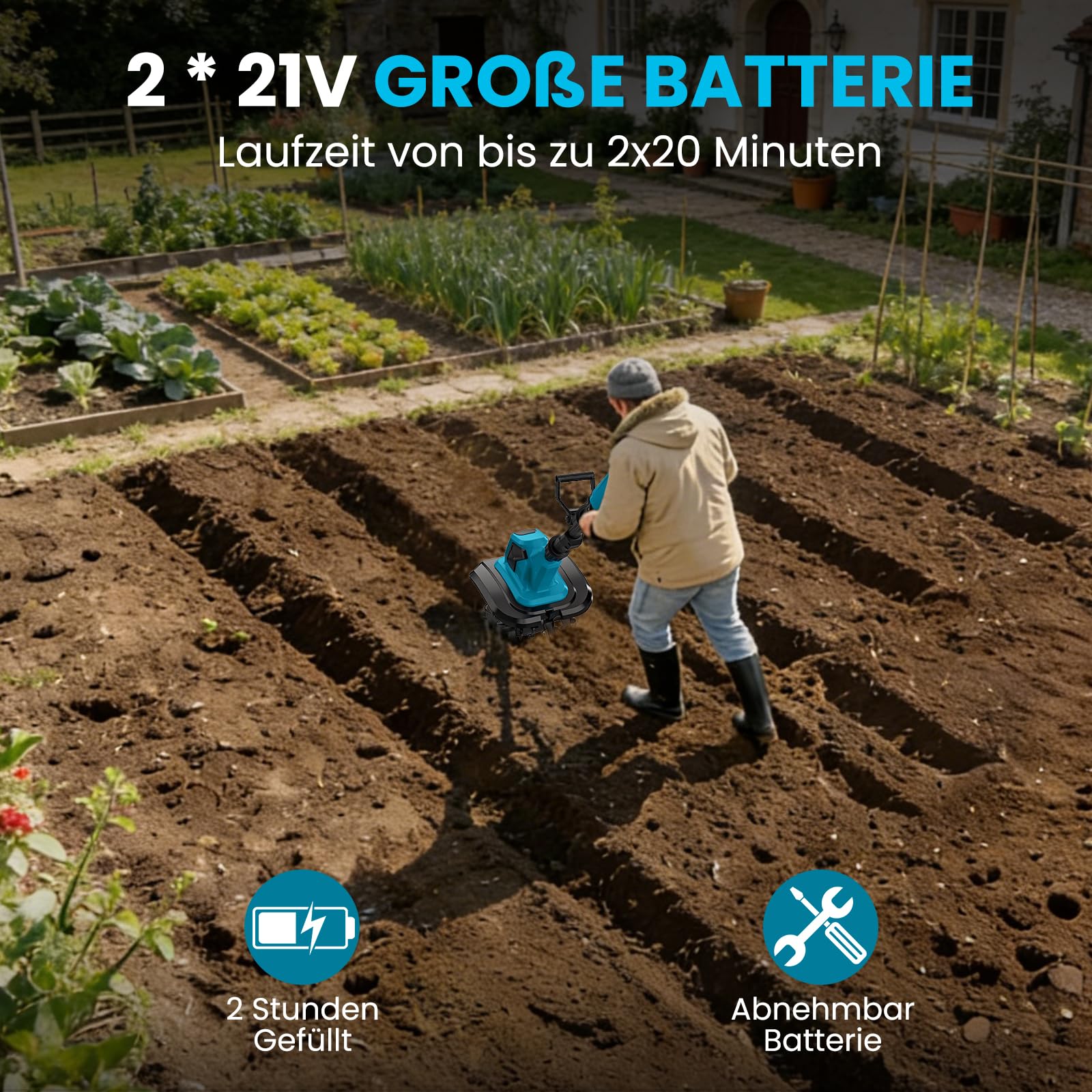 Akku-Bodenhacke für Makita 18V Batterie, 550W Gartenfräse Akkus, 20cm Bodenbearbeitungstiefe,15cm Bearbeitungsbreite, 360RPM, Klappbar Gartenfräse Elektrisch (2 Akku)