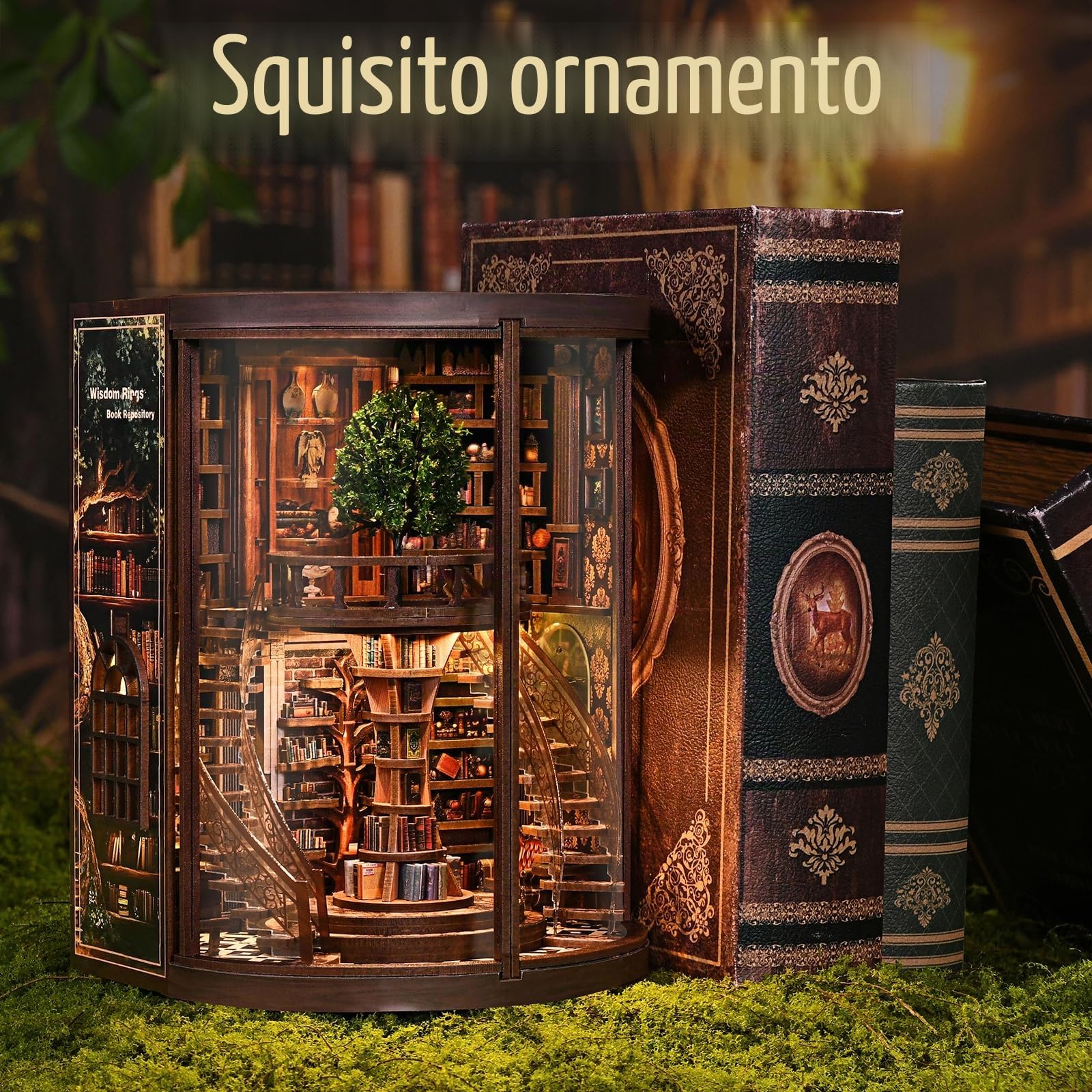 Cuteefun Casa delle Bambole Miniatura Biblioteca con LED Calde, Book Nook Kit Fai da Te Legno per Amanti Libri e Adulti, Regalo Compleanno Natale, Arredamento Casa (Wisdom Rings)