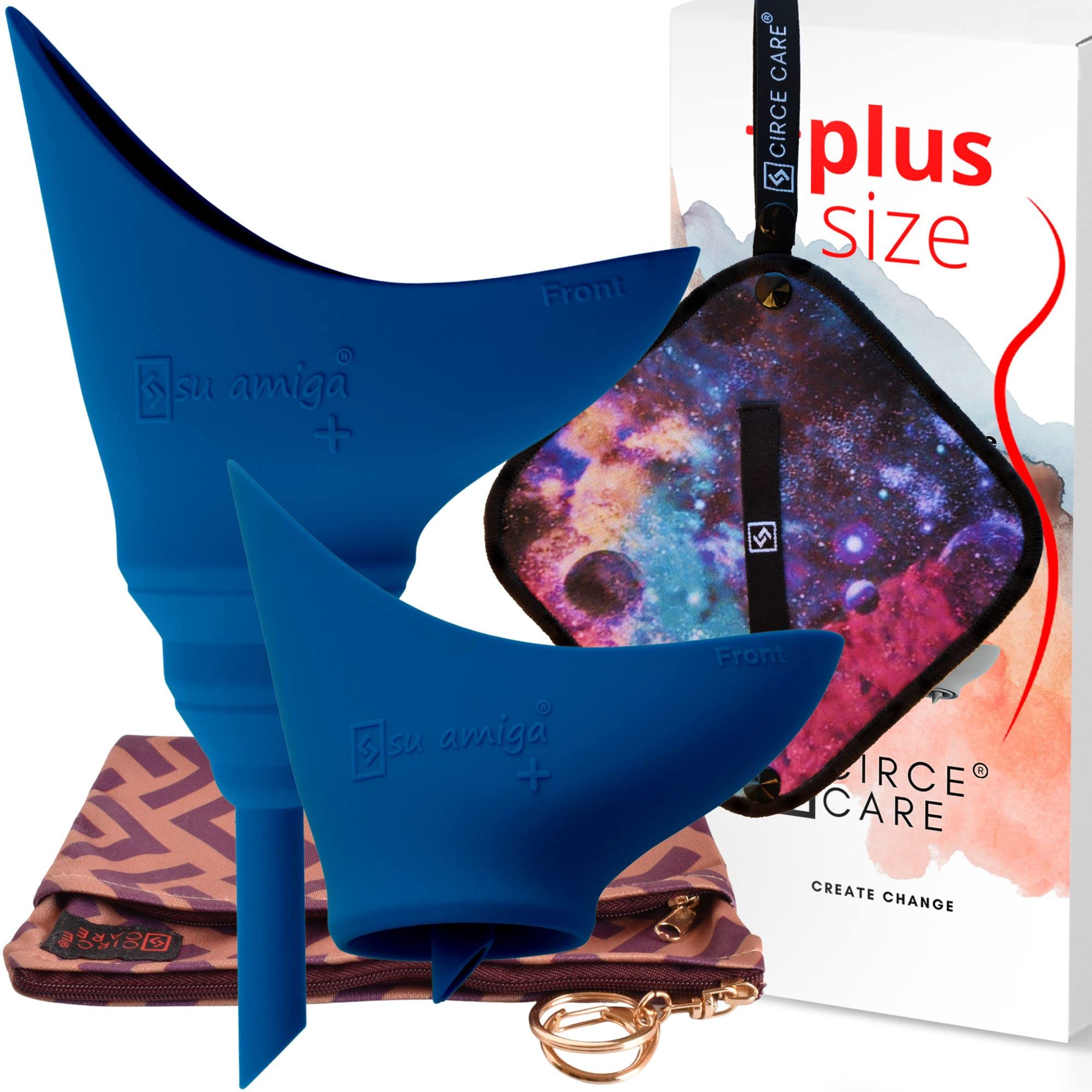 2nd Gen Plus size SuAmiga Female Urination Device (Classic Blue) with New Waterproof Carry Bag + Silver Infused Pee Cloth (1pc Black Galaxy)