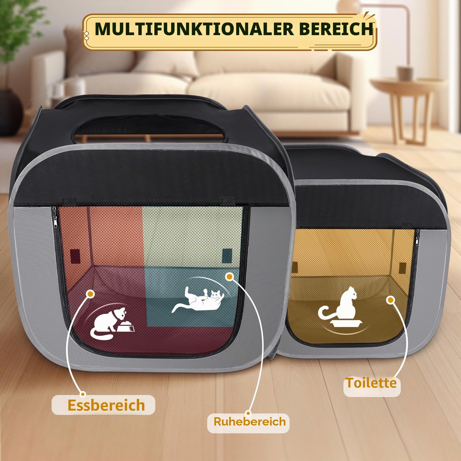 Tailtastic Großer Katzenlaufstall Katzenauslauf mit separaten Bereichen, für draußen und drinnen, tragbarer Haustier-Laufstall für Hauskatzen, Welpen und Kleintiere, Hunde-Laufstall mit Tragetasche