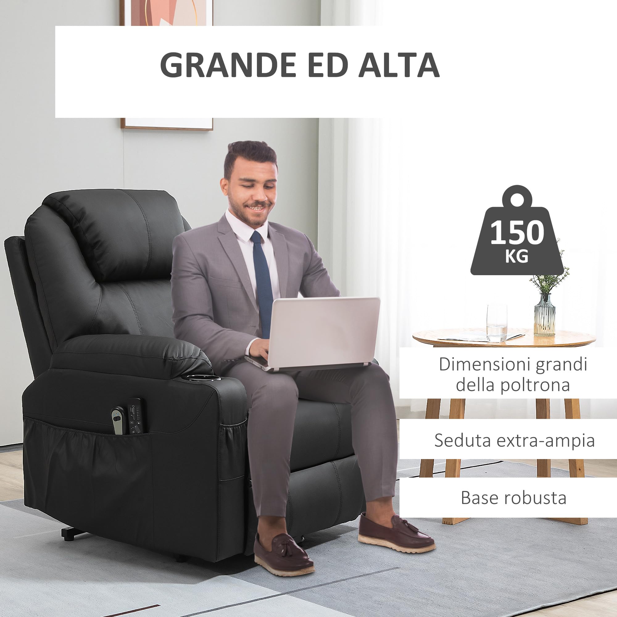 HOMCOM Poltrona Elettrica Alzapersona Reclinabile 135°, Poltrona Relax Elettrica in PU con 8 Punti Massaggianti, 2 Portabicchieri, Tasche Laterali, Telecomando e Poggiapiedi, Nero