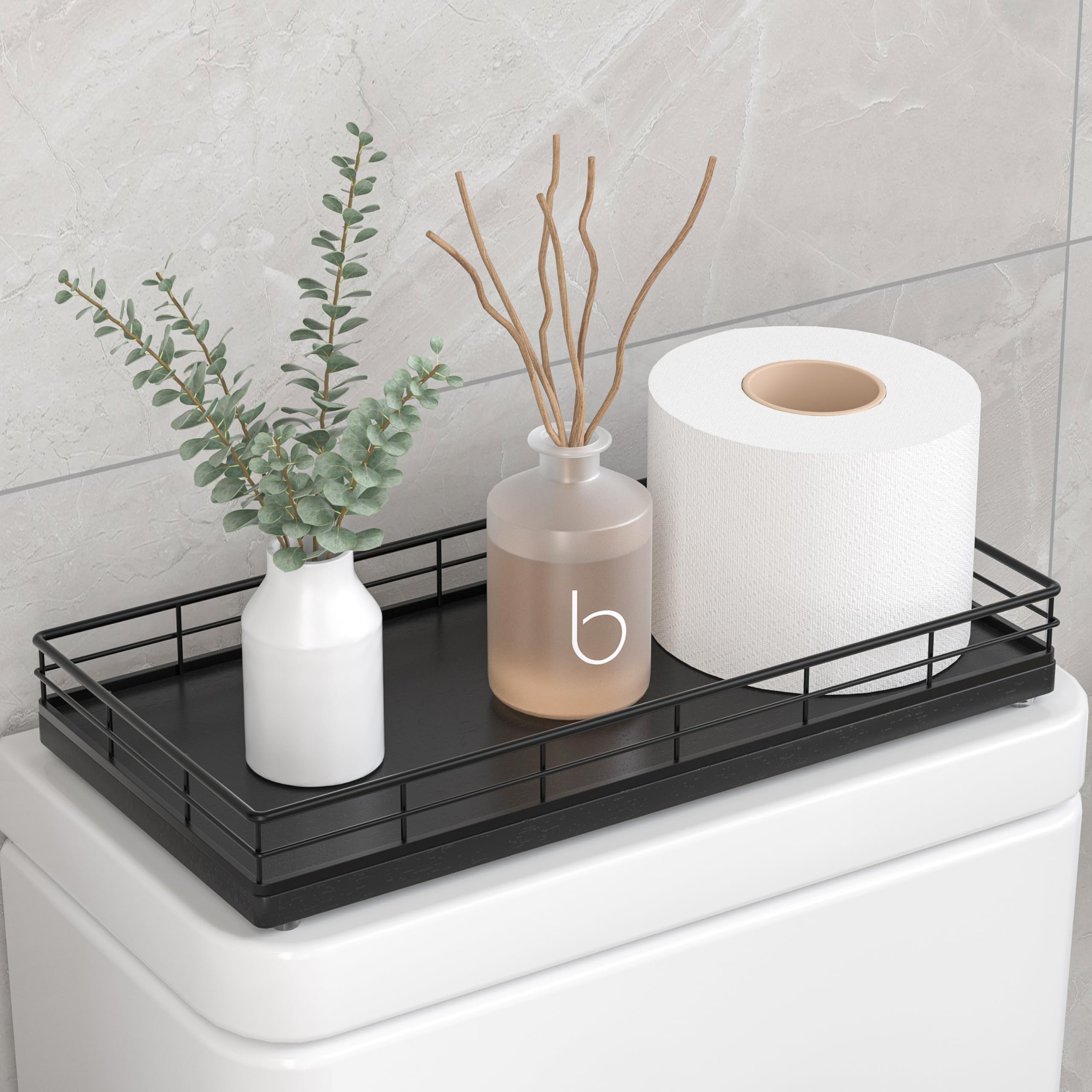 Toilet Tank Tray Organizer – Oak Wood Bathroom Counter Basket with Metal Frame, Back of Toilet or Tank Top Paper Storage – Black Modern Decor