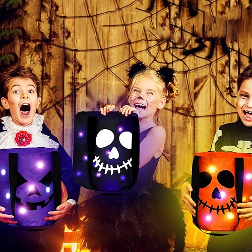 Miniatura 3 de Yaomiao 4 bolsas de dulces de Halloween ligeras para niños, bolsas de golosinas multiusos LED reutilizables, cubo de tratamiento para niños,