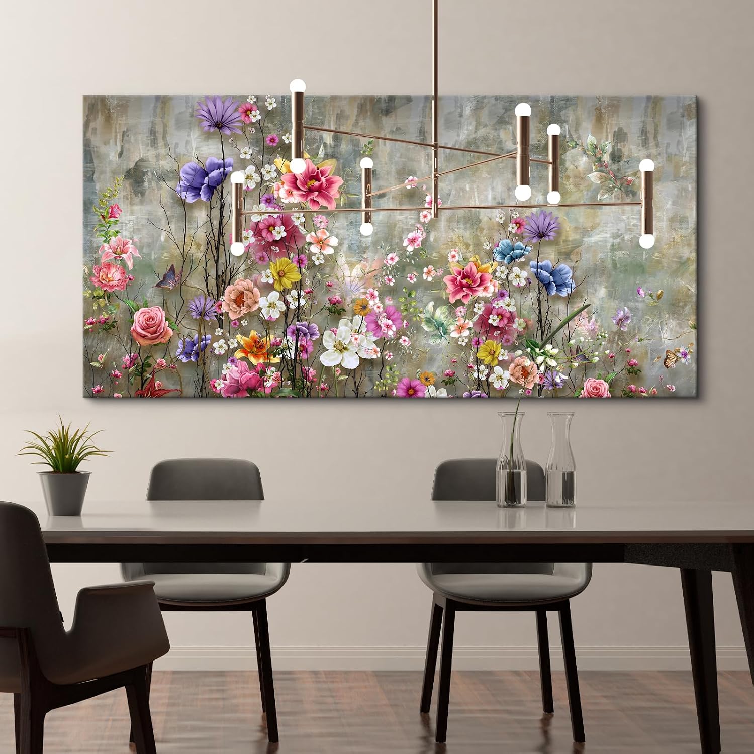 Craftline - Abstract Colorful Floral Botanical Garden Canvas Wall Art, Flowers with Butterflies Nature Plant Prints Painting Vintage Framed Texture Artwork for Living Room Home Decor 32x16inch
