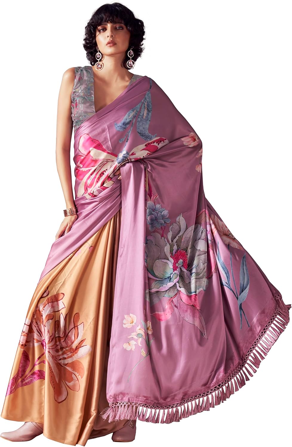 Womanista Women's Satin Two Way Floral Saree (TI6570_Lavender & Yellow)