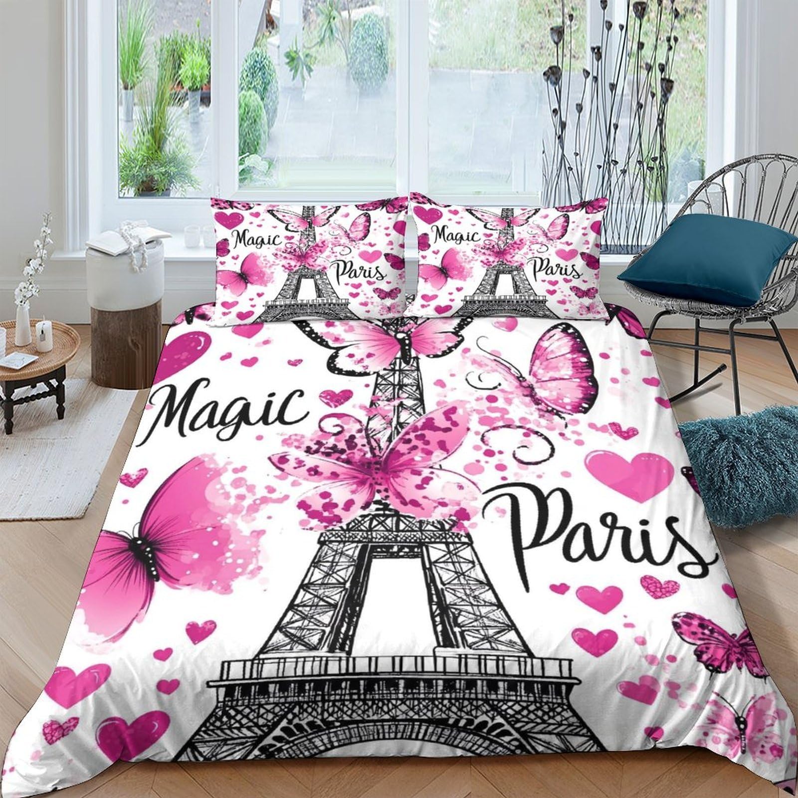 TUFRTGYHN 3D Printed Eiffel Tower Pink Butterfly Duvet Cover Microfiber Soft Paris Heart Bedding Set with 2 Pillowcases for Bedroom Decor Single（135x200cm）