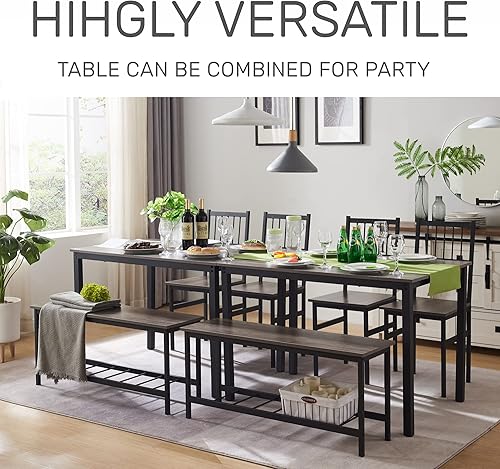 Miniatura 4 de Mesa de cocina de 43 pulgadas con 2 sillas y 1 banco con estante de almacenamiento, juego de mesa de comedor para 4 para cocina, comedor, rincón de