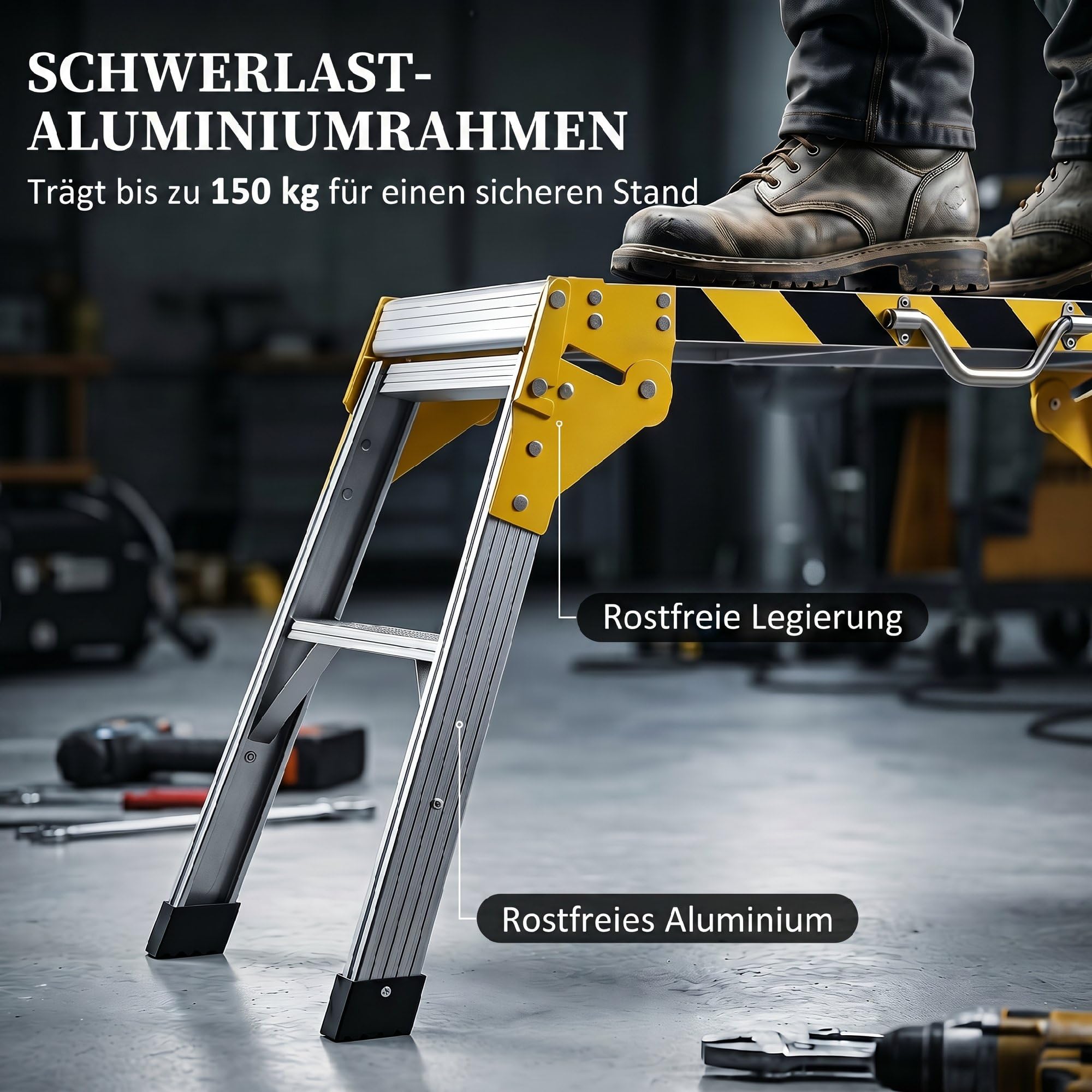 HOMCOM Banco lavoro pieghevole alluminio per uso pesante 110 x 32 x 50 cm | Supporto fai da te, tavolo garage piccolo con maniglia, antiscivolo, strisce riflettenti, portata 150 kg