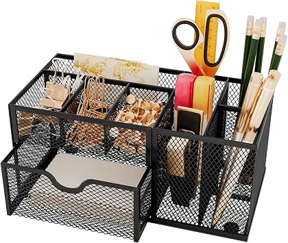 Mesh Pen Holder for Desk 8 Compartment Desk Organizer for Pens Pencils Sticky Notes Clips Office Accessories