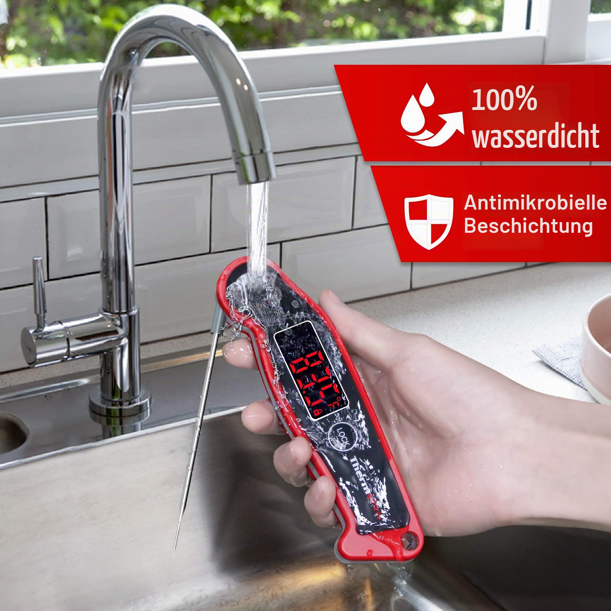 ThermoPro Fleischthermometer IP65 Wasserdicht Grillthermometer 1s Reaktionszeit Küchenthermometer ±0.5℃ Genau Bratenthermometer Einstichthermometer für Braten, Wein, BBQ, LCD