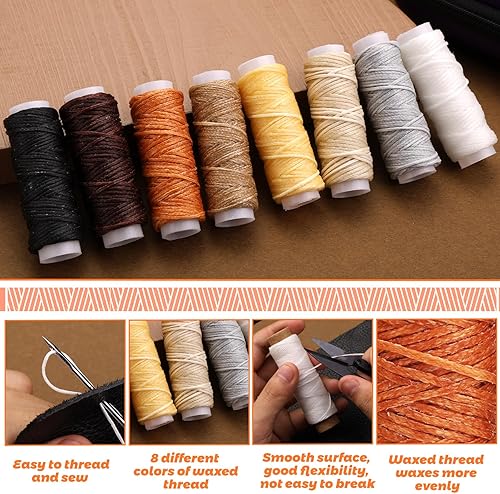 Miniatura 3 de Tikjiua Kit de costura de reparación de tapicería, 8 piezas de hilo encerado, agujas de coser de cuero, punzón de costura, dedal, kit de reparación