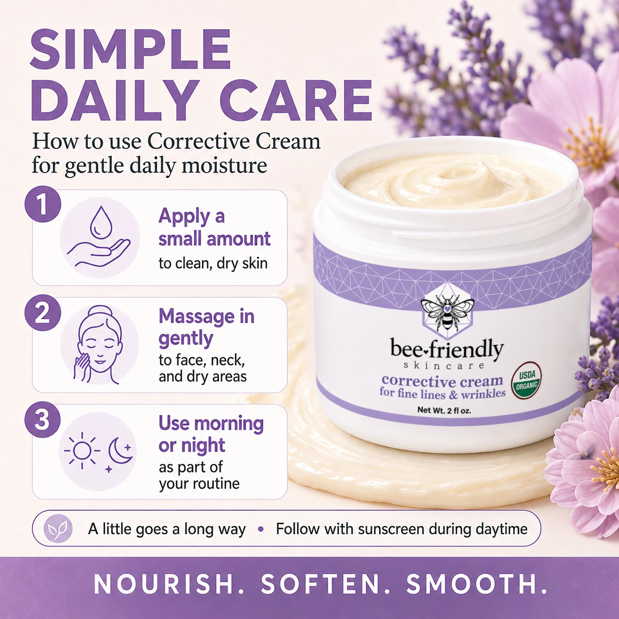 BeeFriendly Bio-Korrekturcreme für das Gesicht, USDA-zertifiziert, reichhaltige Anti-Aging-Gesichts-Nachtcreme für empfindliche Haut, hilft bei feinen Linien, Falten, Krähenfüßen, Augen, Gesicht, Hals