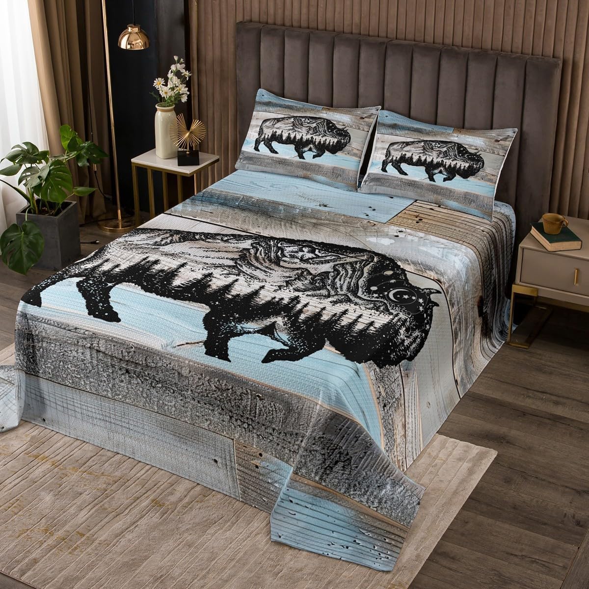 Erosebridal Bull Quilt Set King Rustic Farmhouse Style Bedspread Set,Vintage Cottage Grey Blue Wood Coverlet Set Woodland Wildlife Quilted,Cow Cattle Western Animal Sketch Drawing Room Decor
