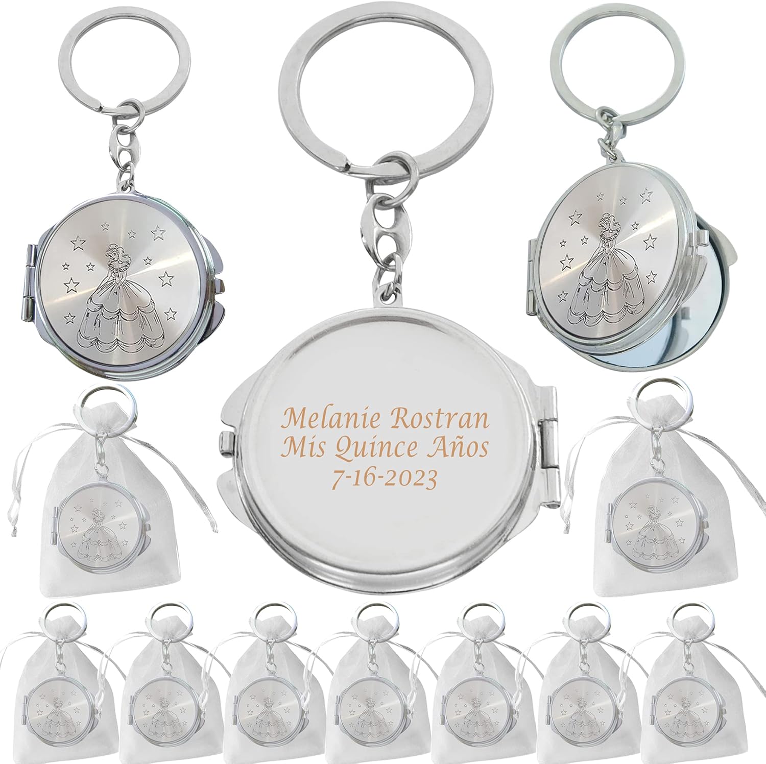 12 PCs Personalized Quinceanera Party Favor Sweet 16 Mirror Keychain Recuerdos de Mis XV Princess 18 Birthday Gift for Guest